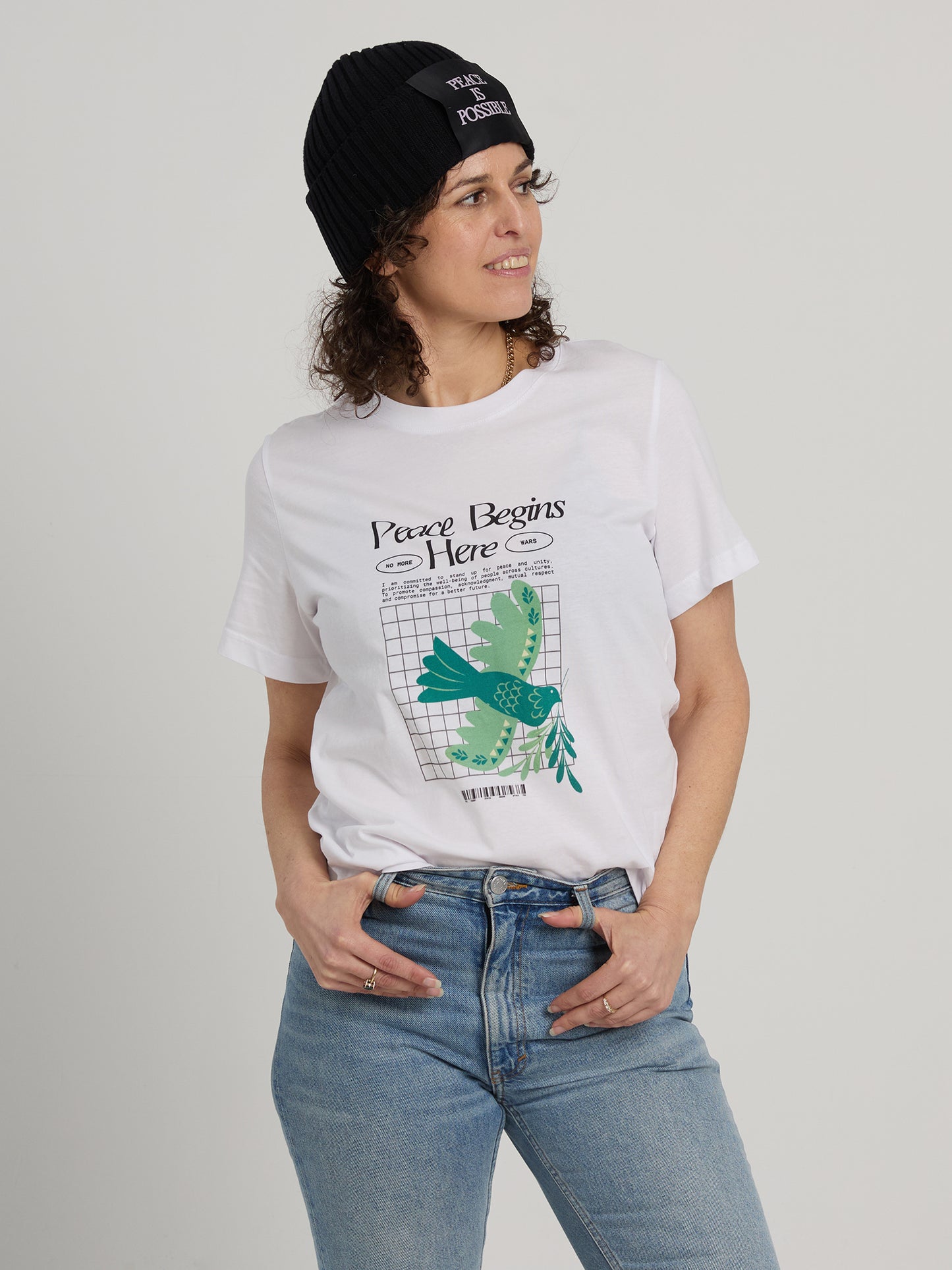 Unisex white organic cotton t-shirt with Green Dove front print