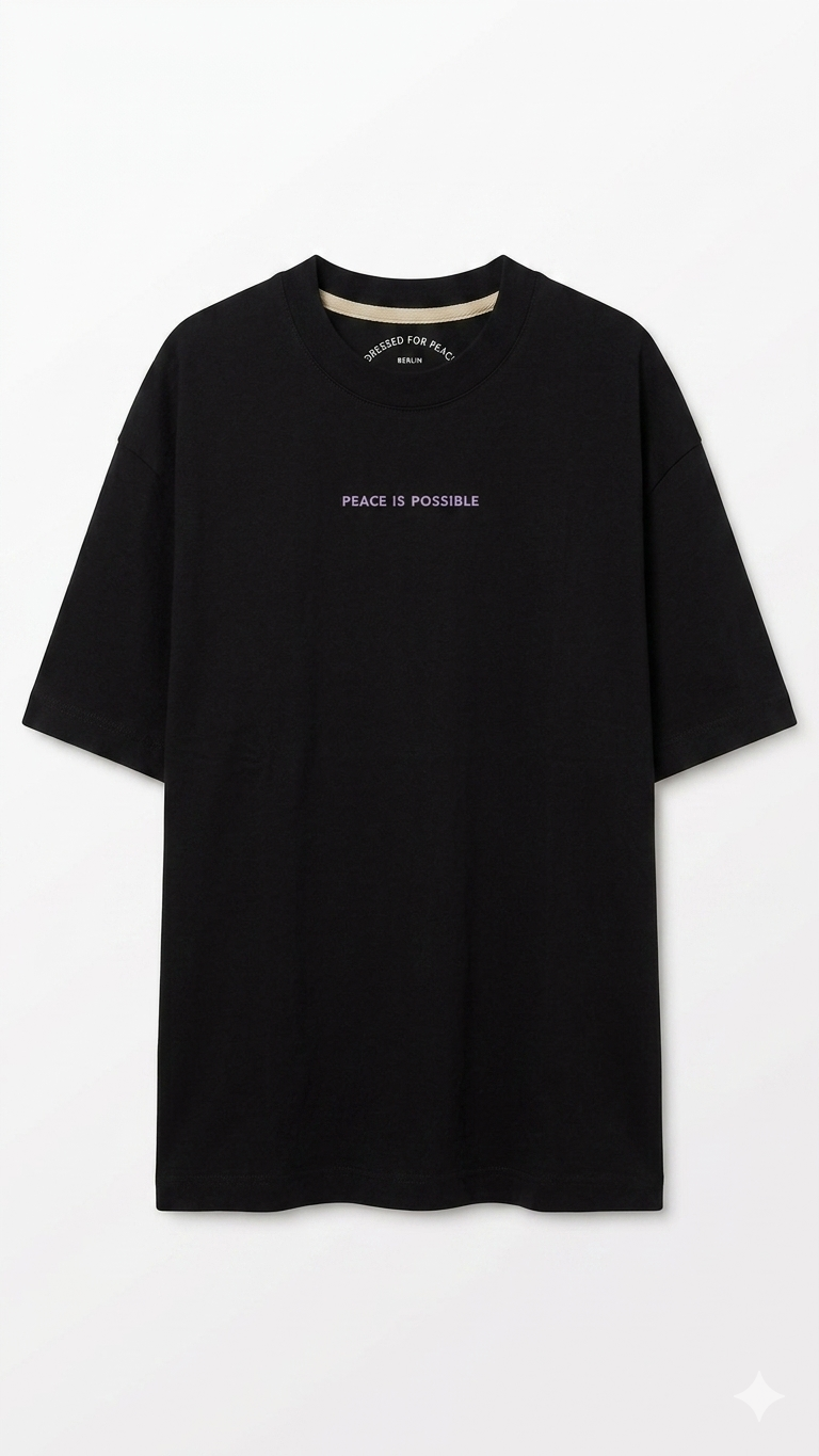 Organic cotton white unisex t-shirt with purple/ lila embroidery: peace is possible