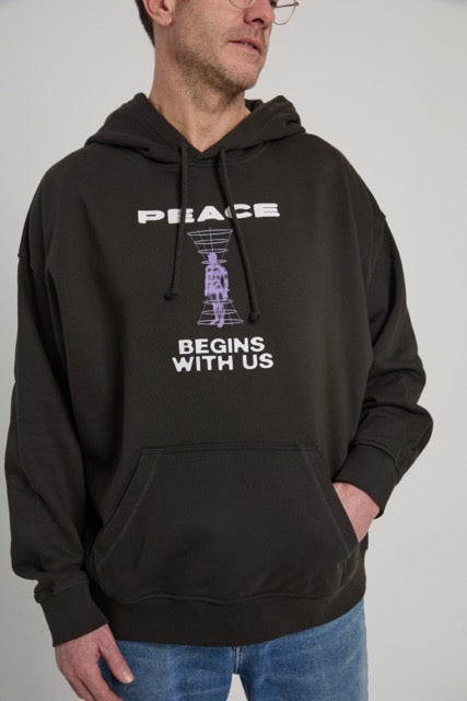 Men's Boxy Hoodie with Peace Begins With Us print