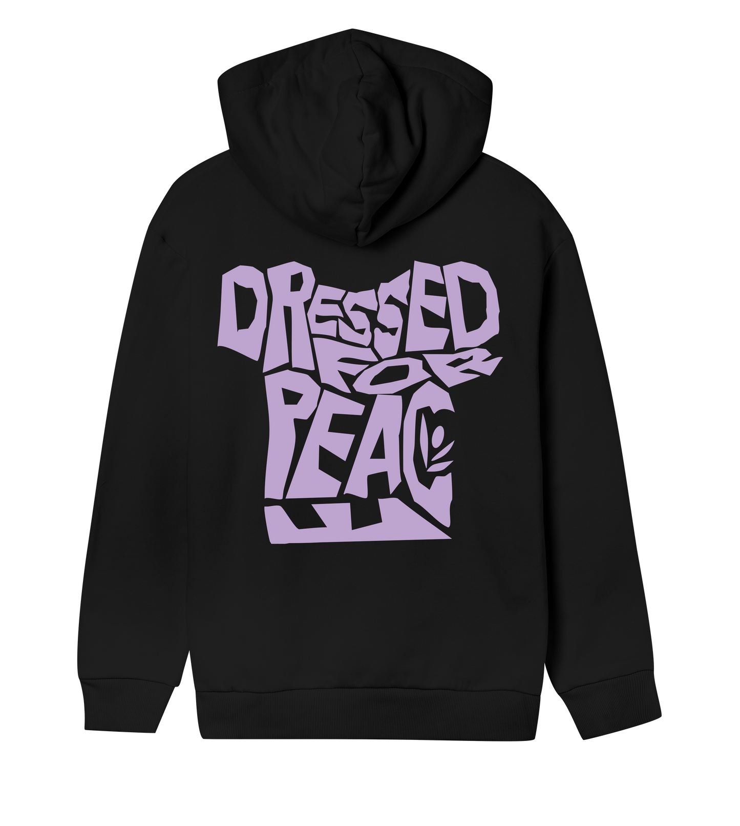 An off-black hoodie with bold letter in lila saying: "dressed for peace"
