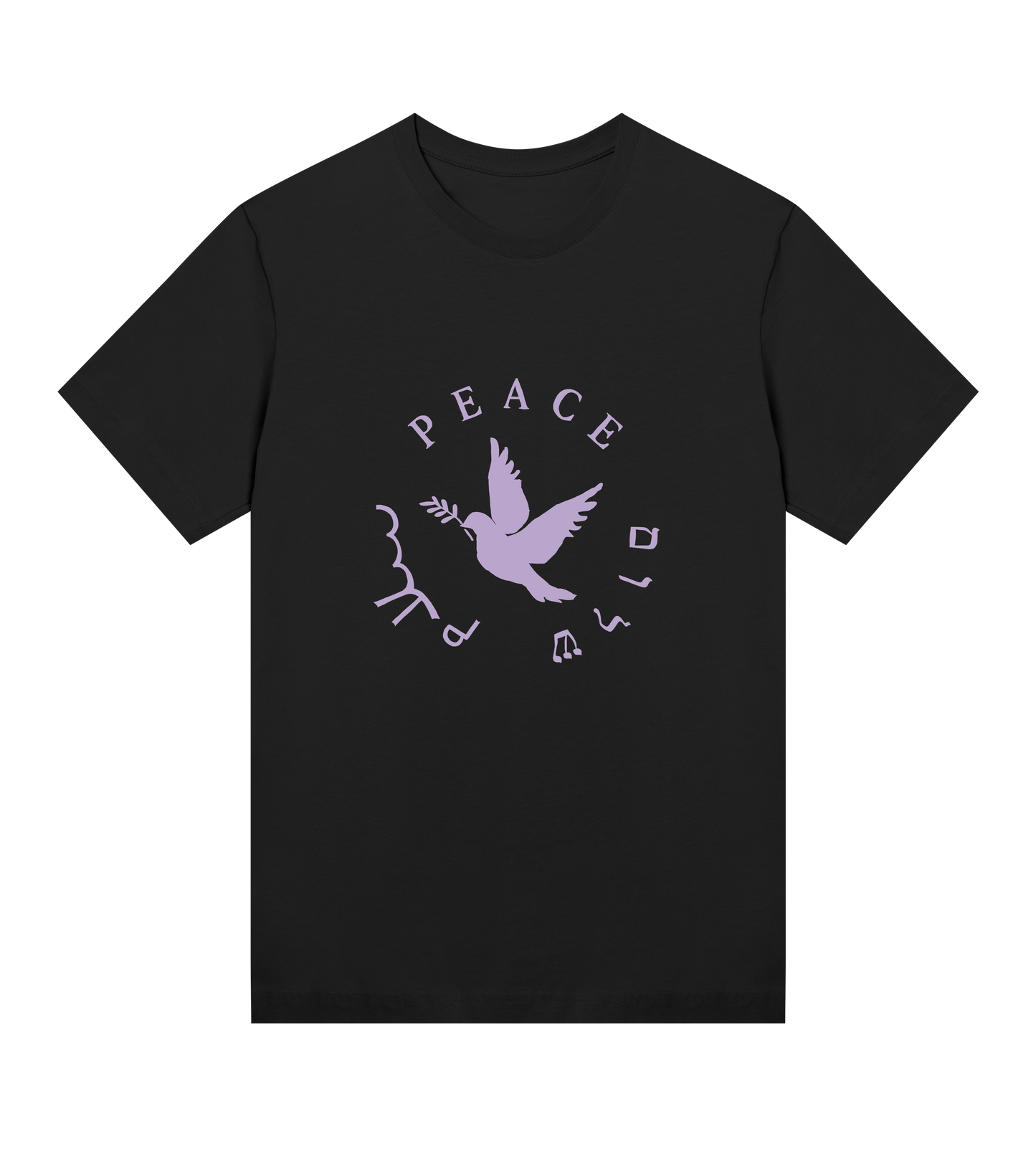 Black t-shirt with a purple dove and 'PEACE' text on a white background