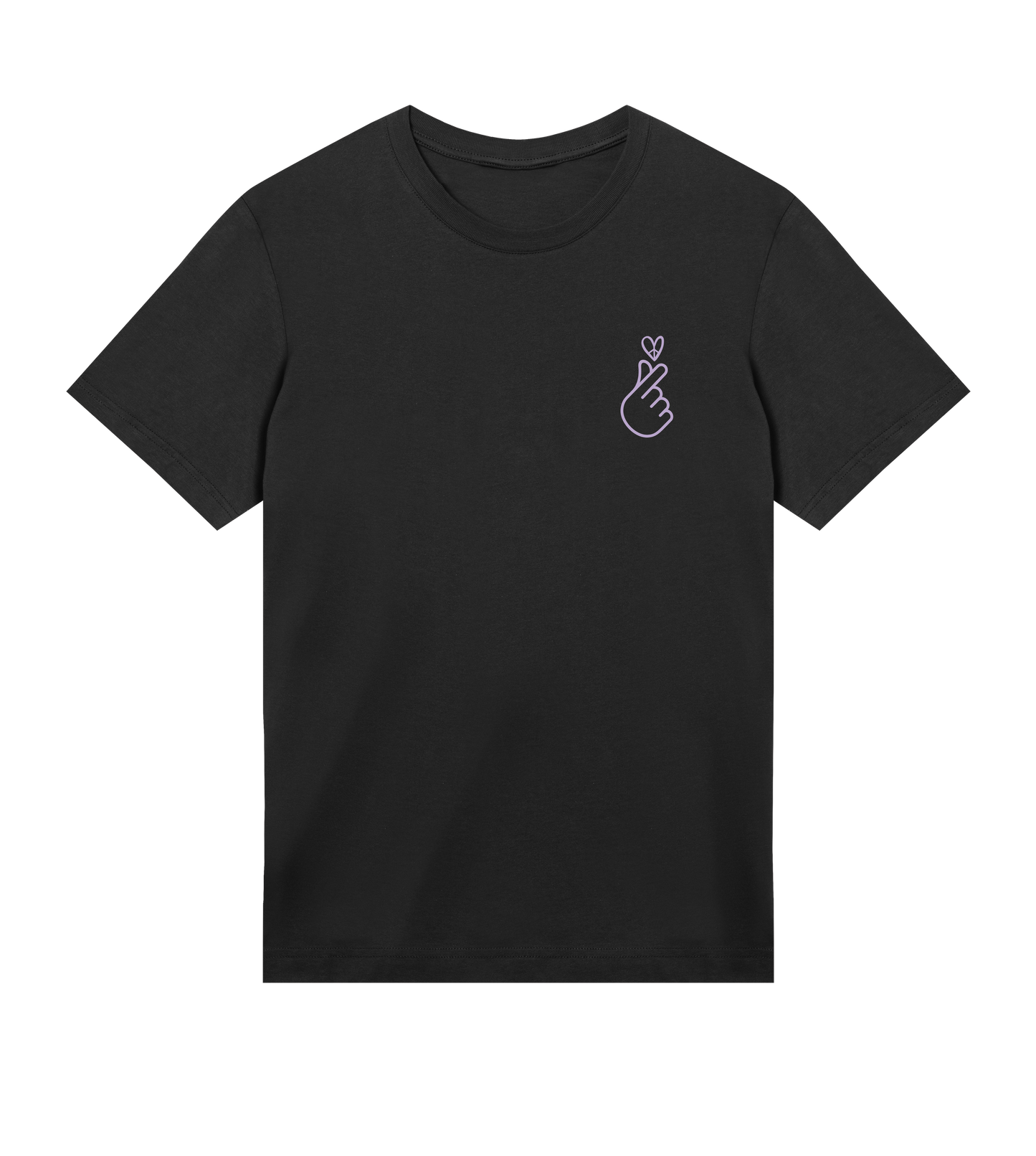 Black t-shirt with a small lila finger heart graphic on a white background