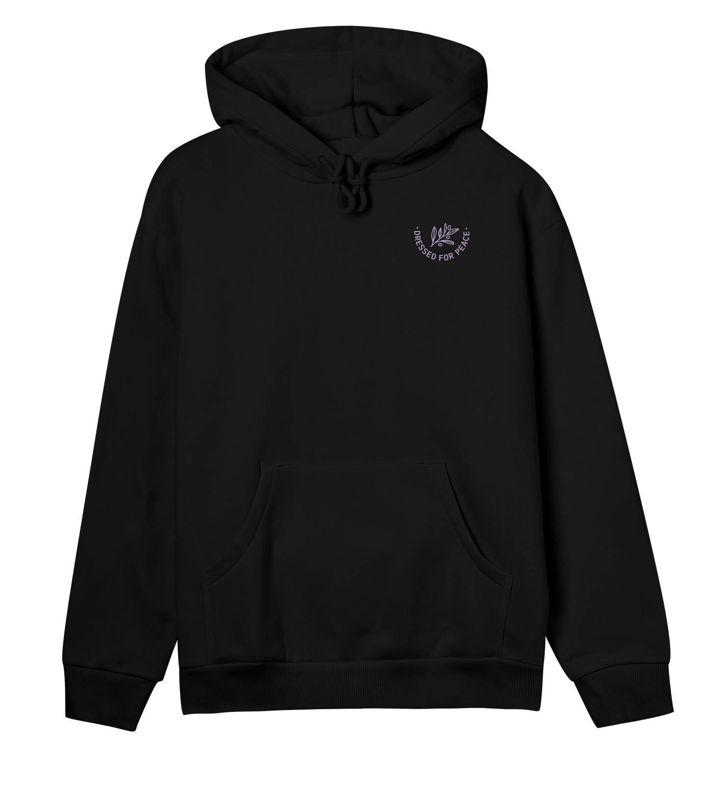 A off black hoodie with 'Dressed for Peace' logo printed in front