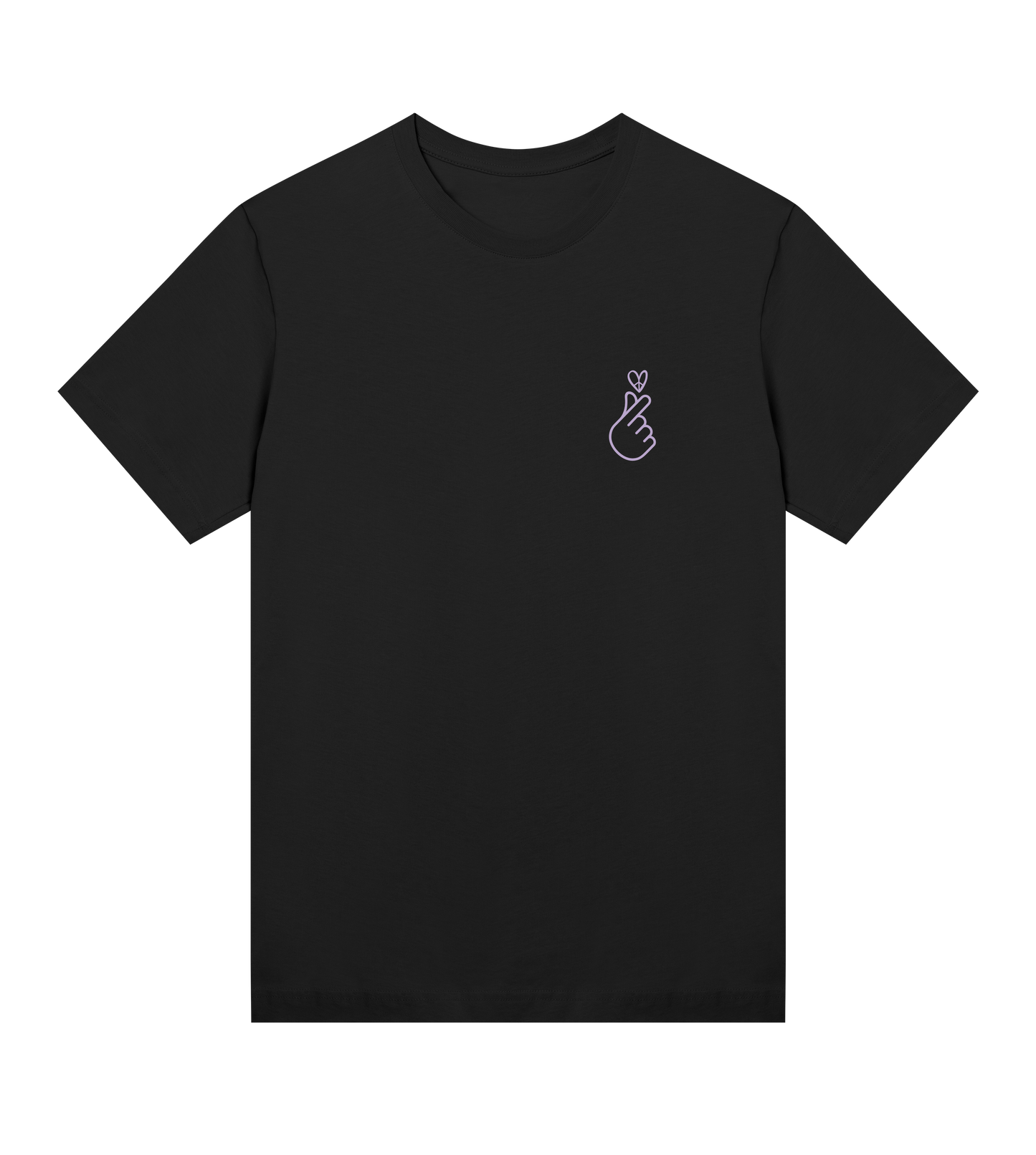 Black t-shirt with a small white graphic on the chest against a white background