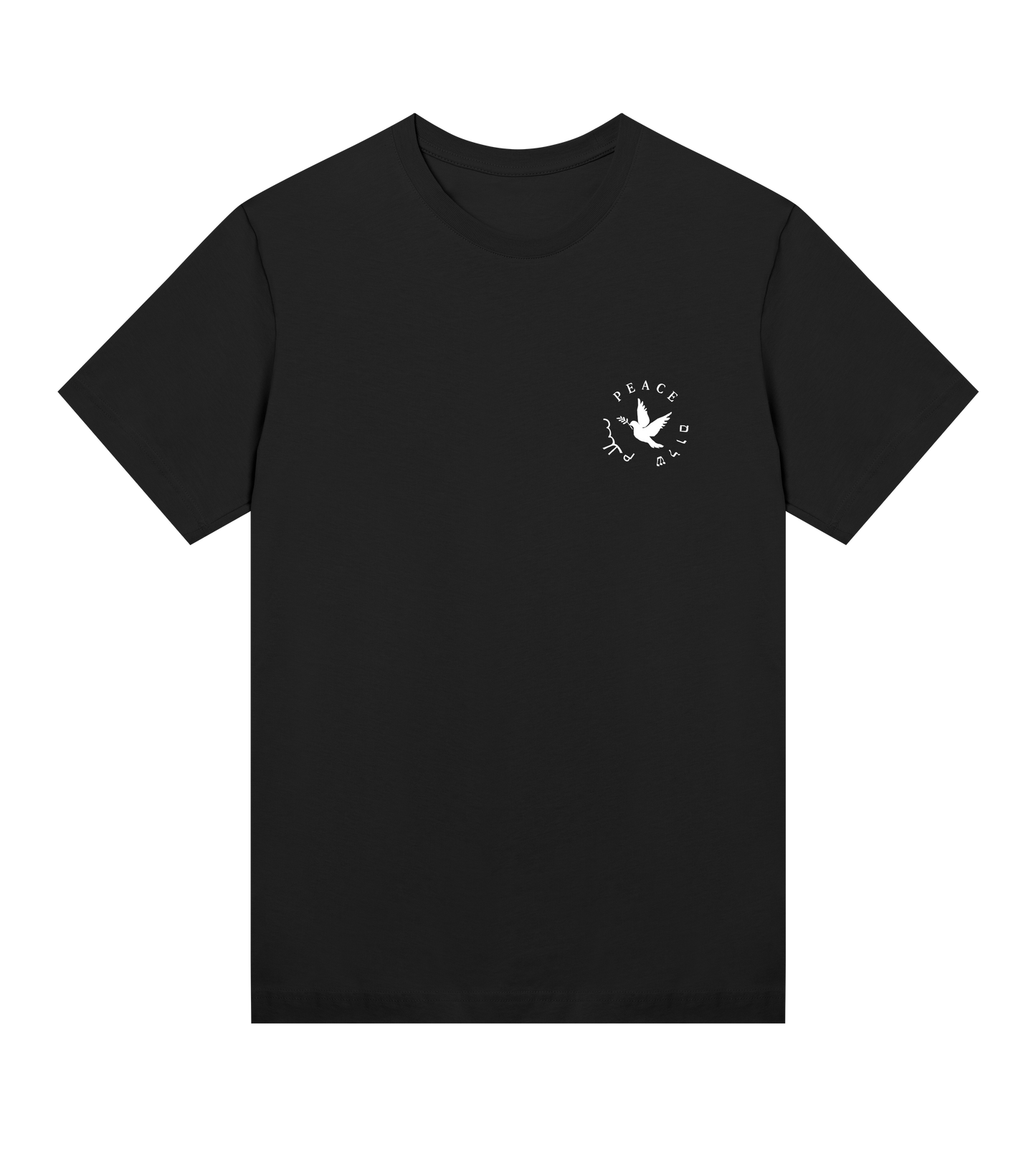 A black crew neck t-shirt with a graphic design on the chest featuring a bird and peace symbols in white.