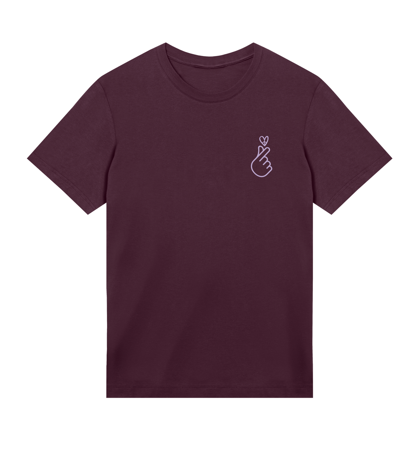 maroon t-shirt with a small lila finger heart graphic on a white background