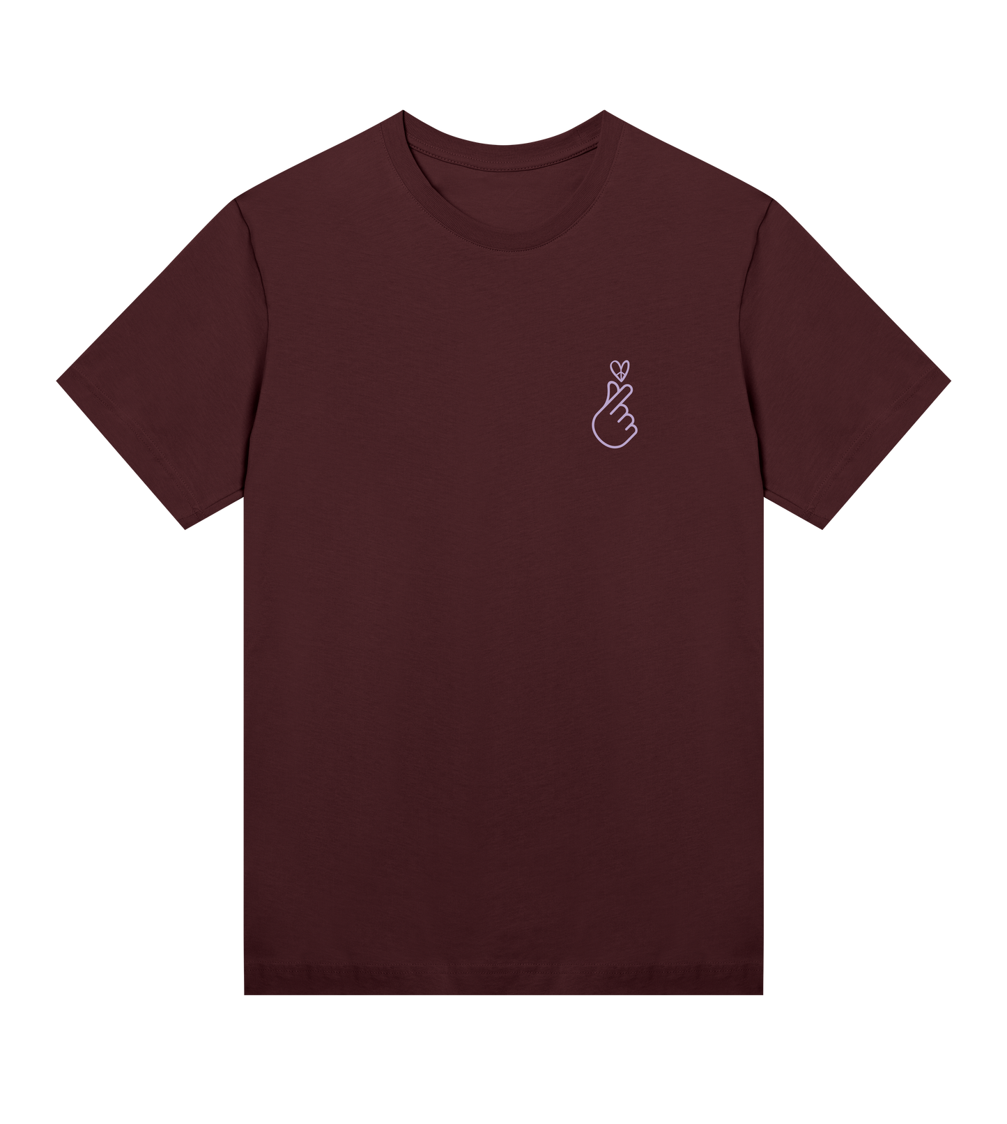 Maroon t-shirt with a small white graphic on a white background