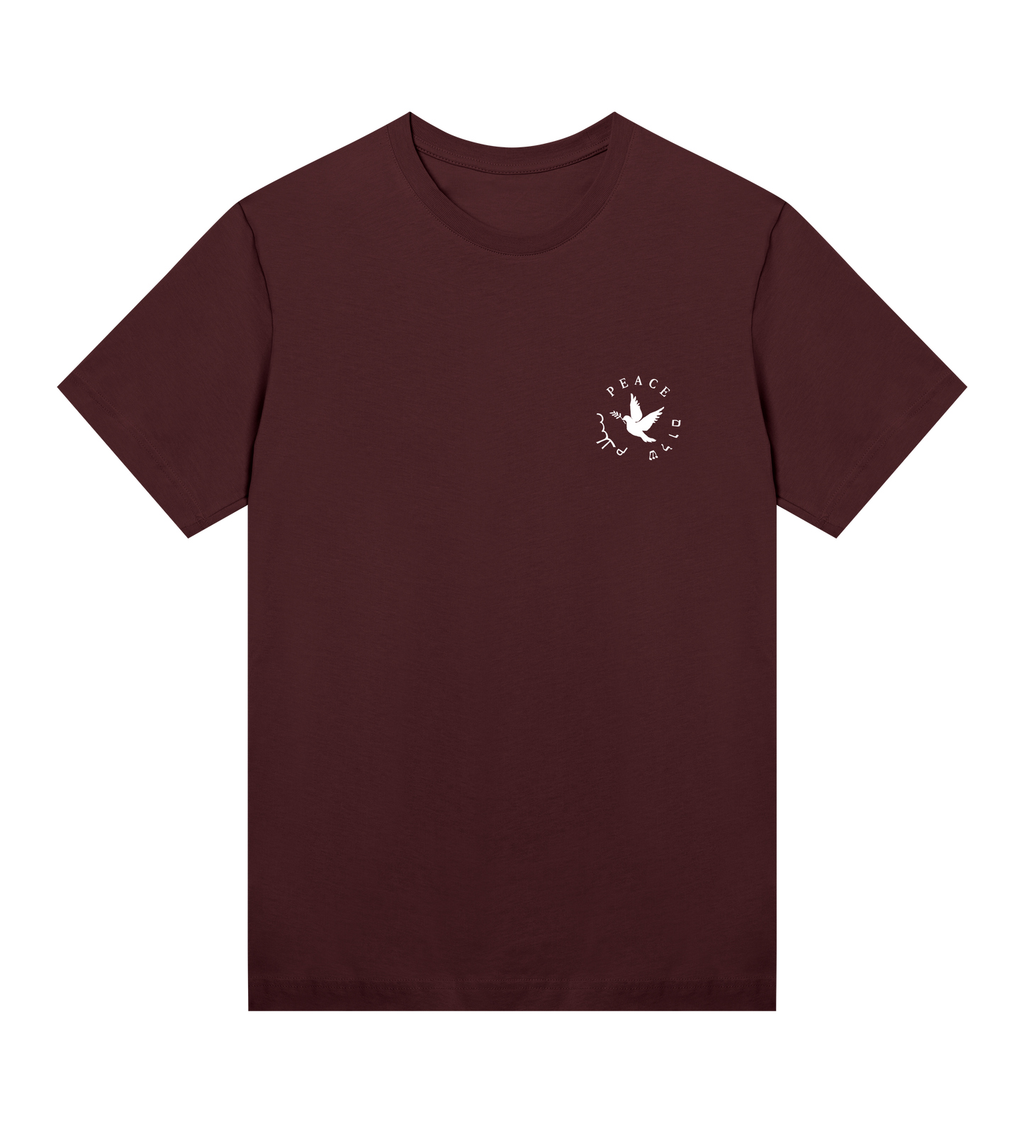 A MAROON crew neck t-shirt with a graphic design on the chest featuring a bird and peace symbols in white.