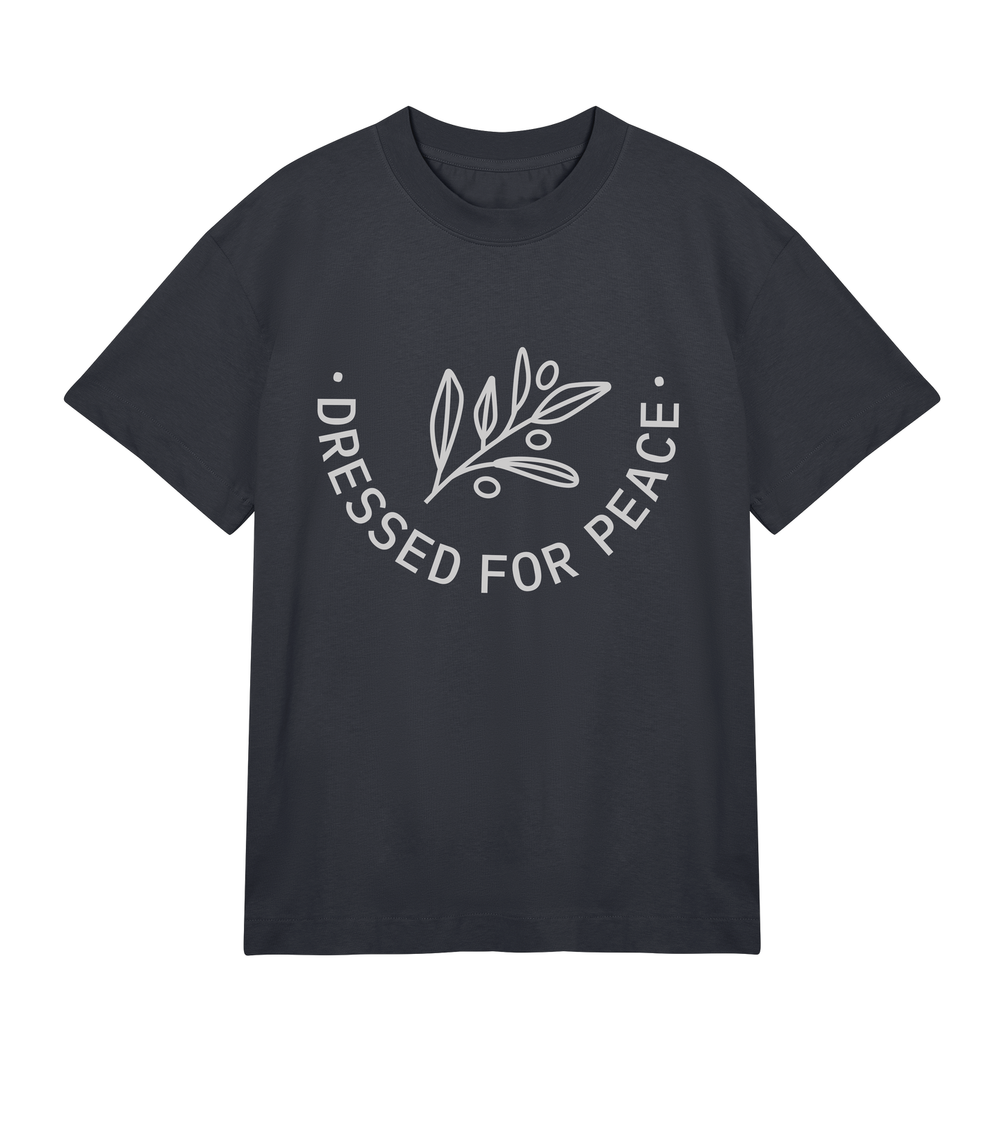A navy-colored crew neck t-shirt with the phrase 'DRESSED FOR PEACE' printed in white along with a graphic of leaves.