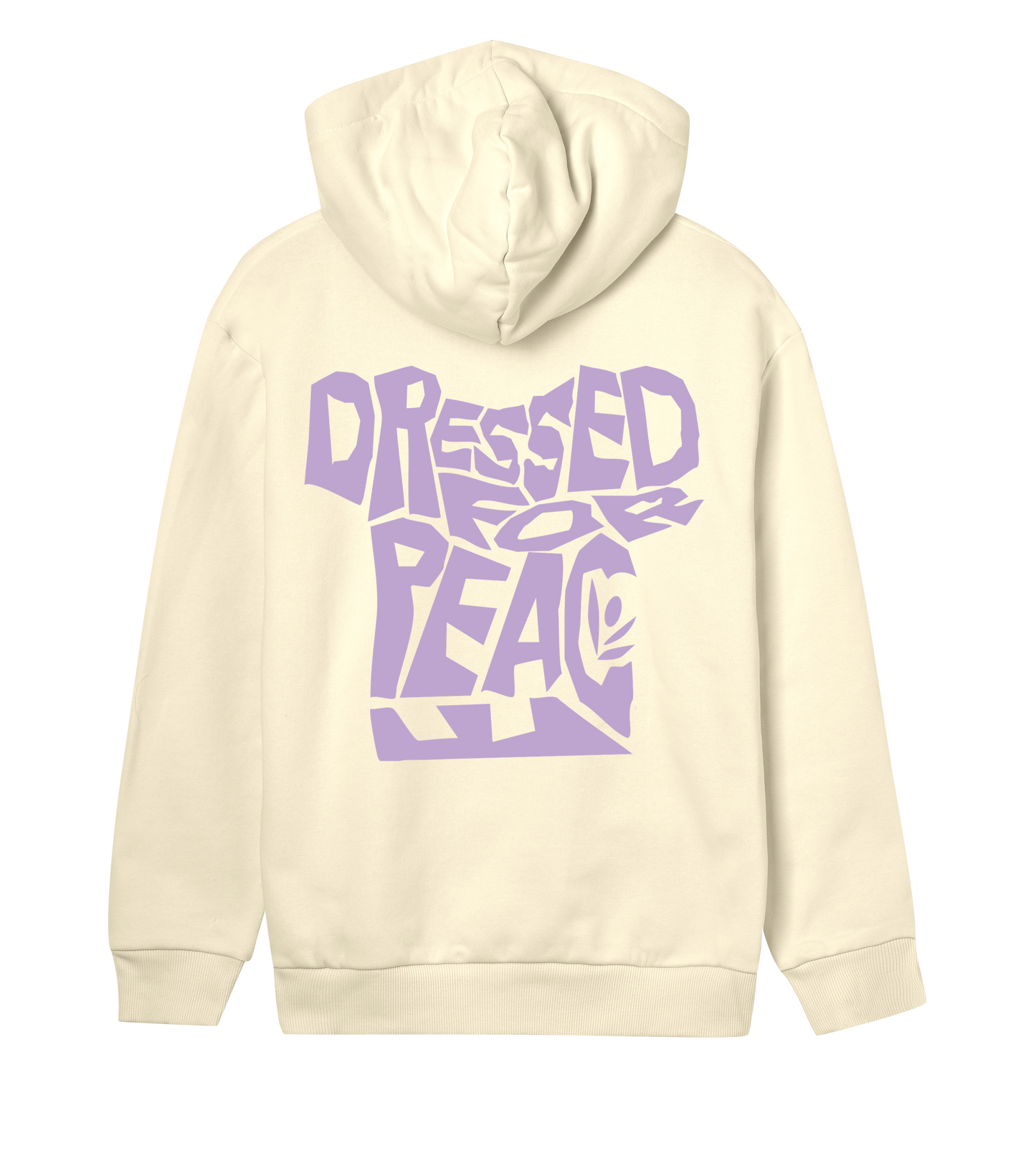 A soft yellow hoodie with 'Dressed for Peace' printed in bold purple letters across the back.
