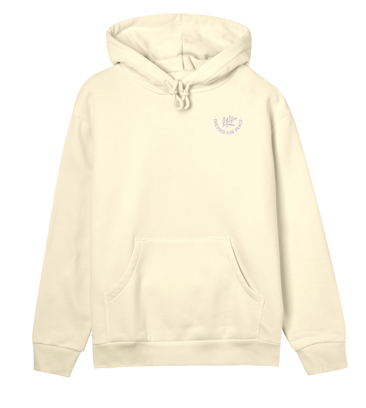 A soft yellow hoodie with 'Dressed for Peace' logo printed in bold purple letters across the back.
