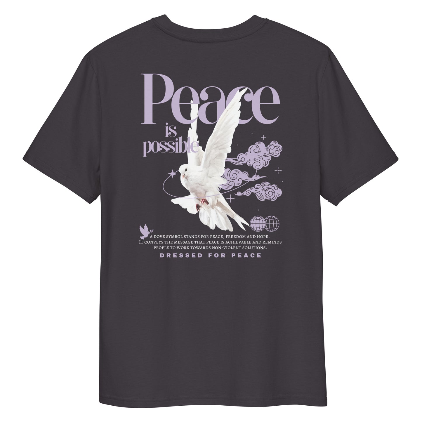 Black t-shirt with a white dove and 'Peace is Possible' text on a white background