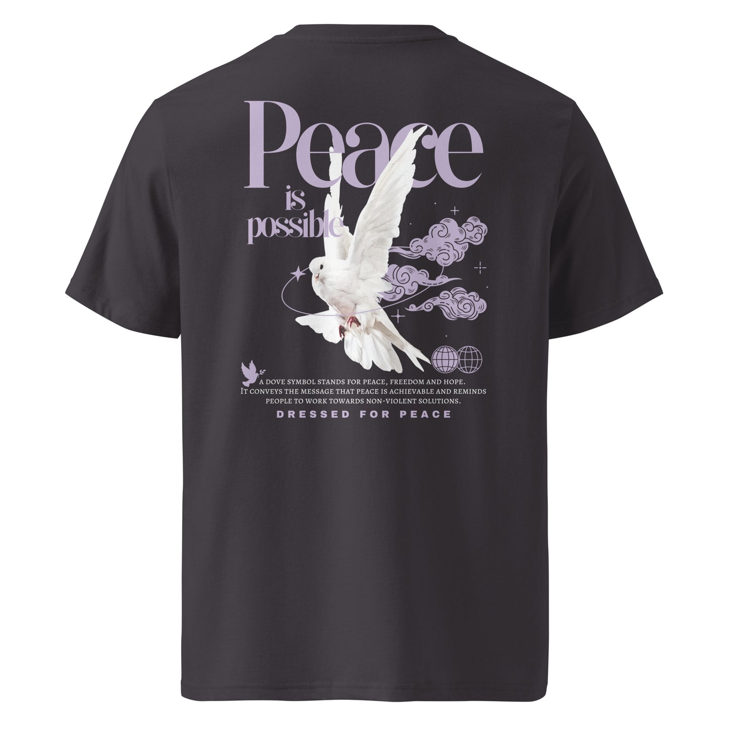 Black t-shirt with a white dove and 'Peace is Possible' text on the back