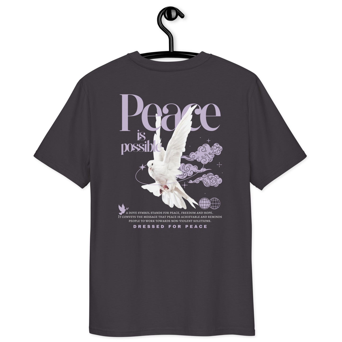 Black t-shirt with a dove and 'Peace is possible' text on a hanger
