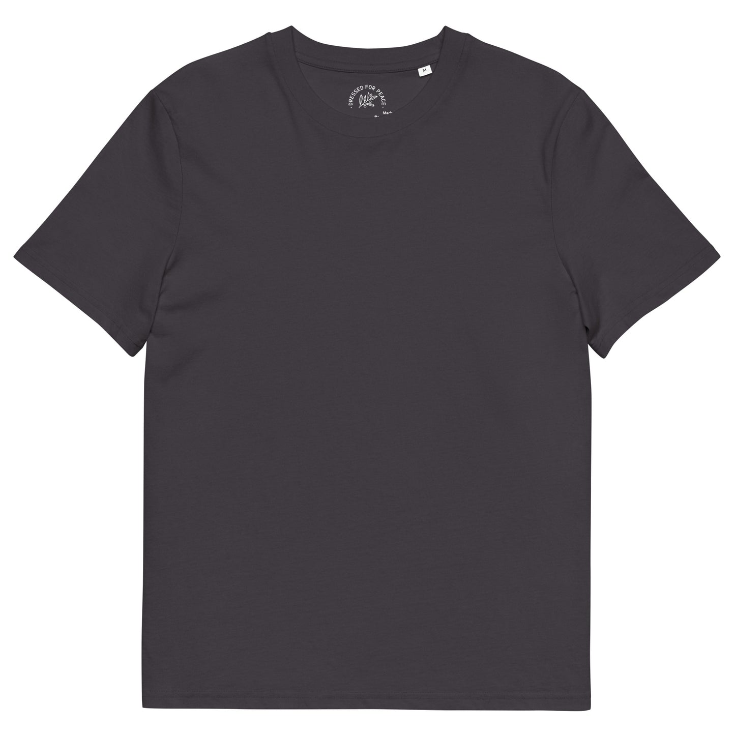 Black t-shirt with a small logo on a white background