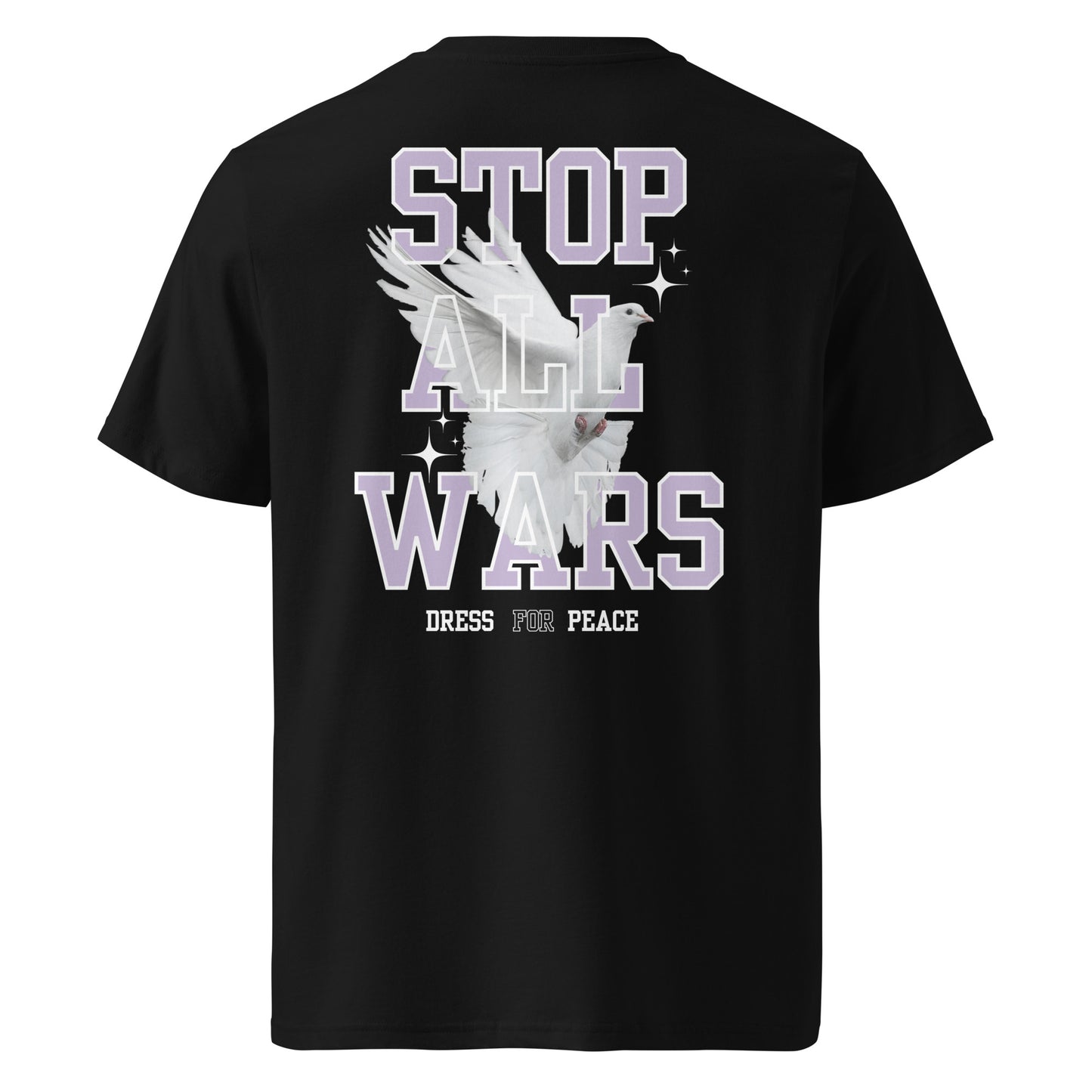 Black t-shirt with a dove and 'Stop All Wars Dress for Peace' text on a white background