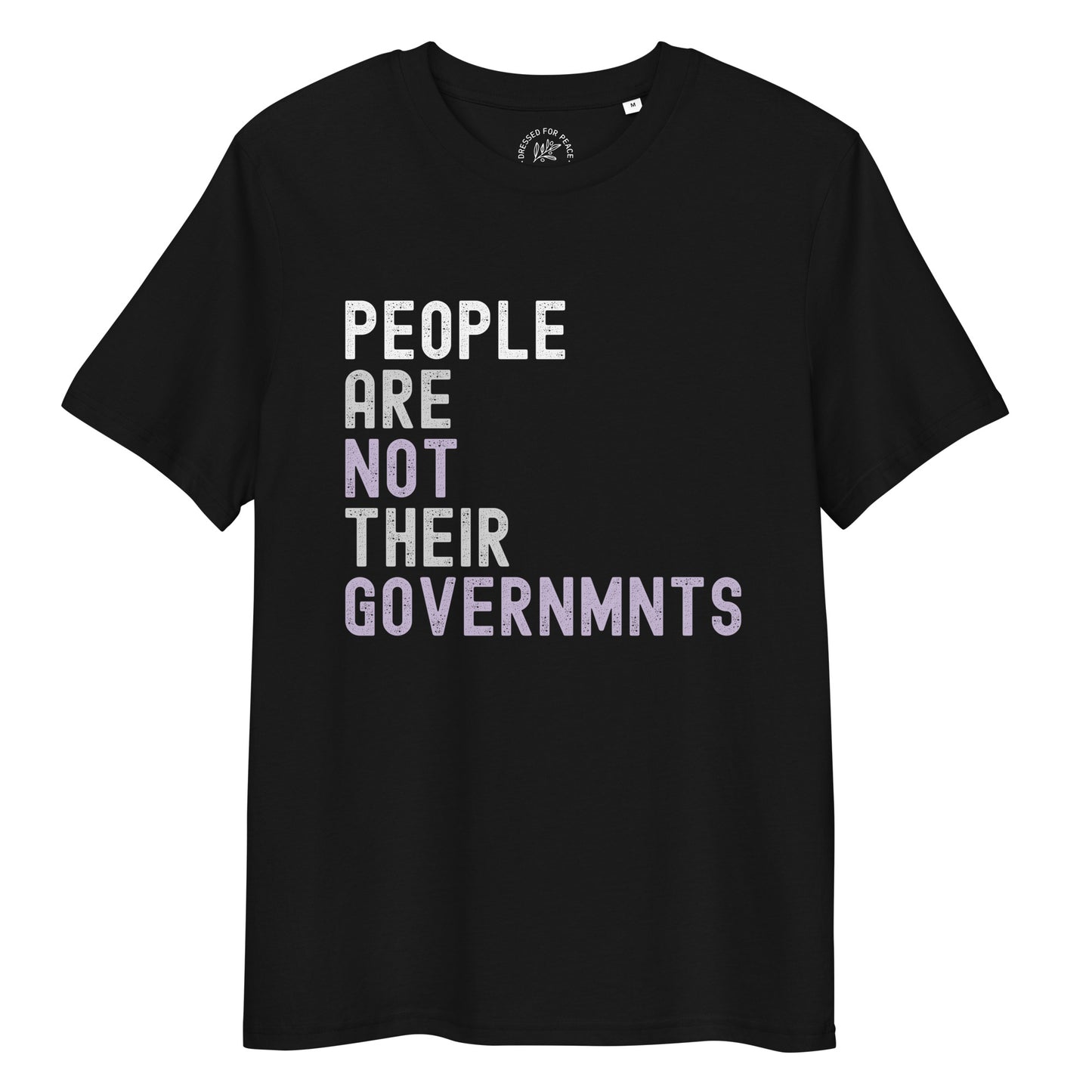 Black t-shirt with white and purple text on a white background