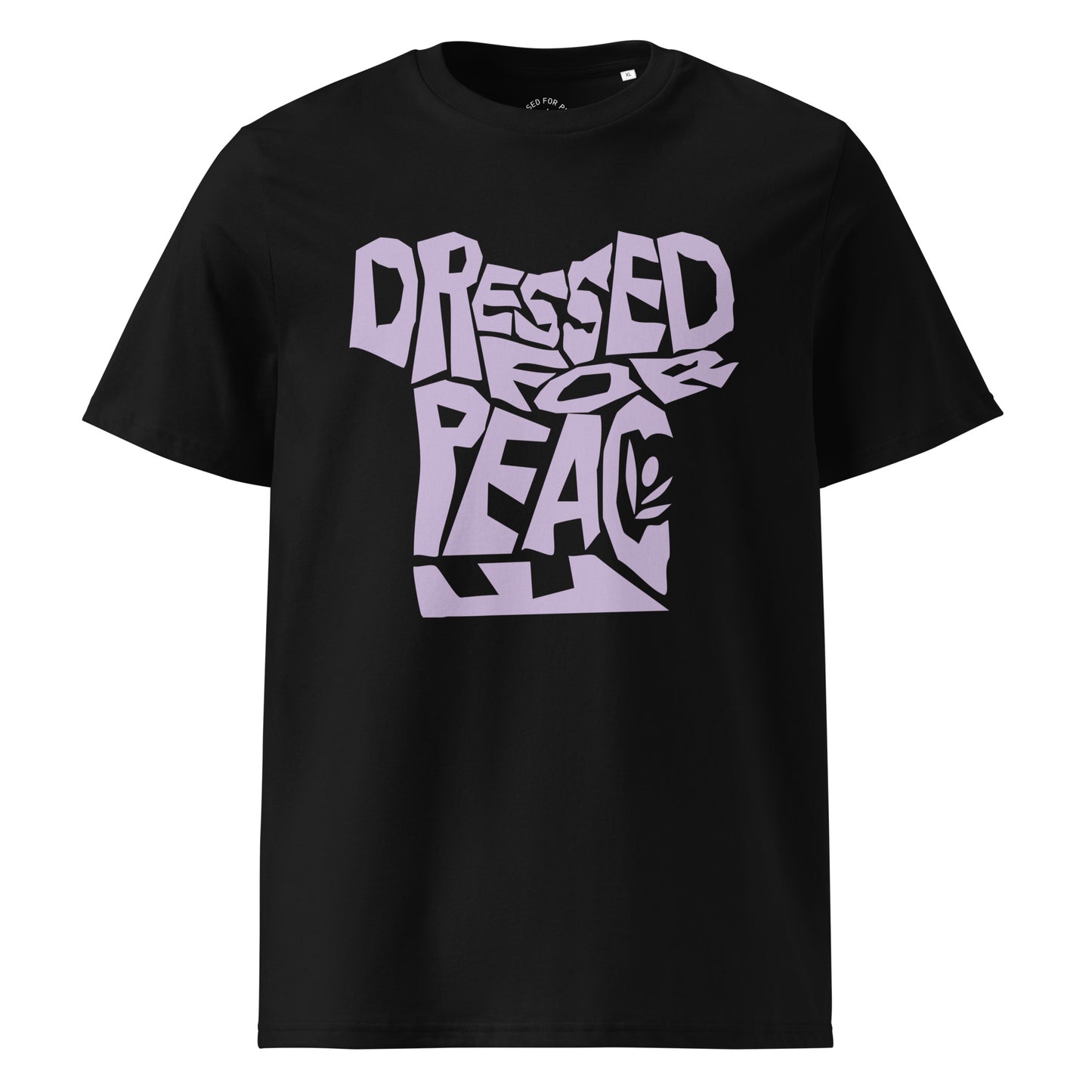 Black t-shirt with purple text 'DRESSED FOR PEACE' on a white background