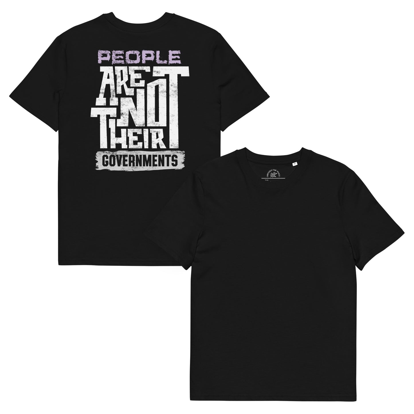 Black t-shirt with white text on a white background