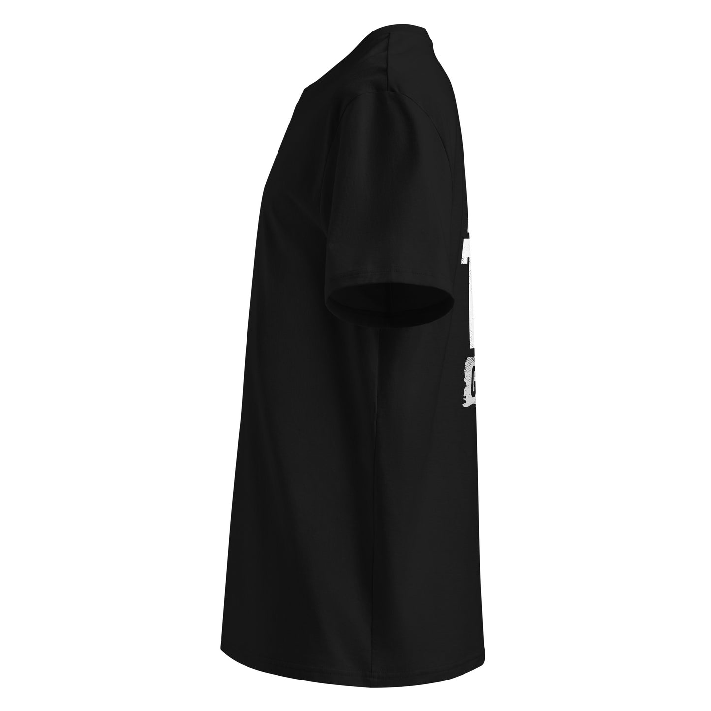 Black t-shirt with a small white logo on the chest against a white background