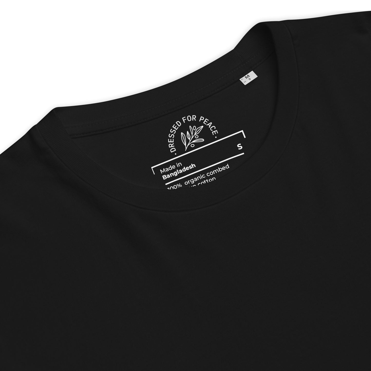 Black t-shirt with a label on the collar displaying text and branding.