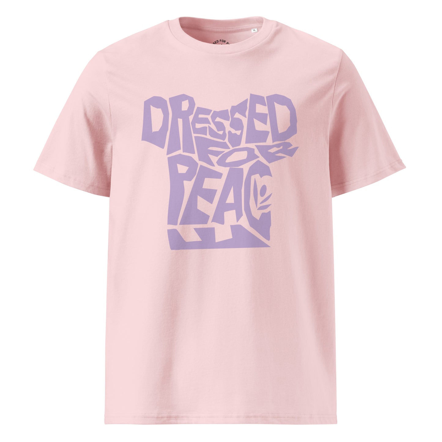 Pink t-shirt with purple text on a white background