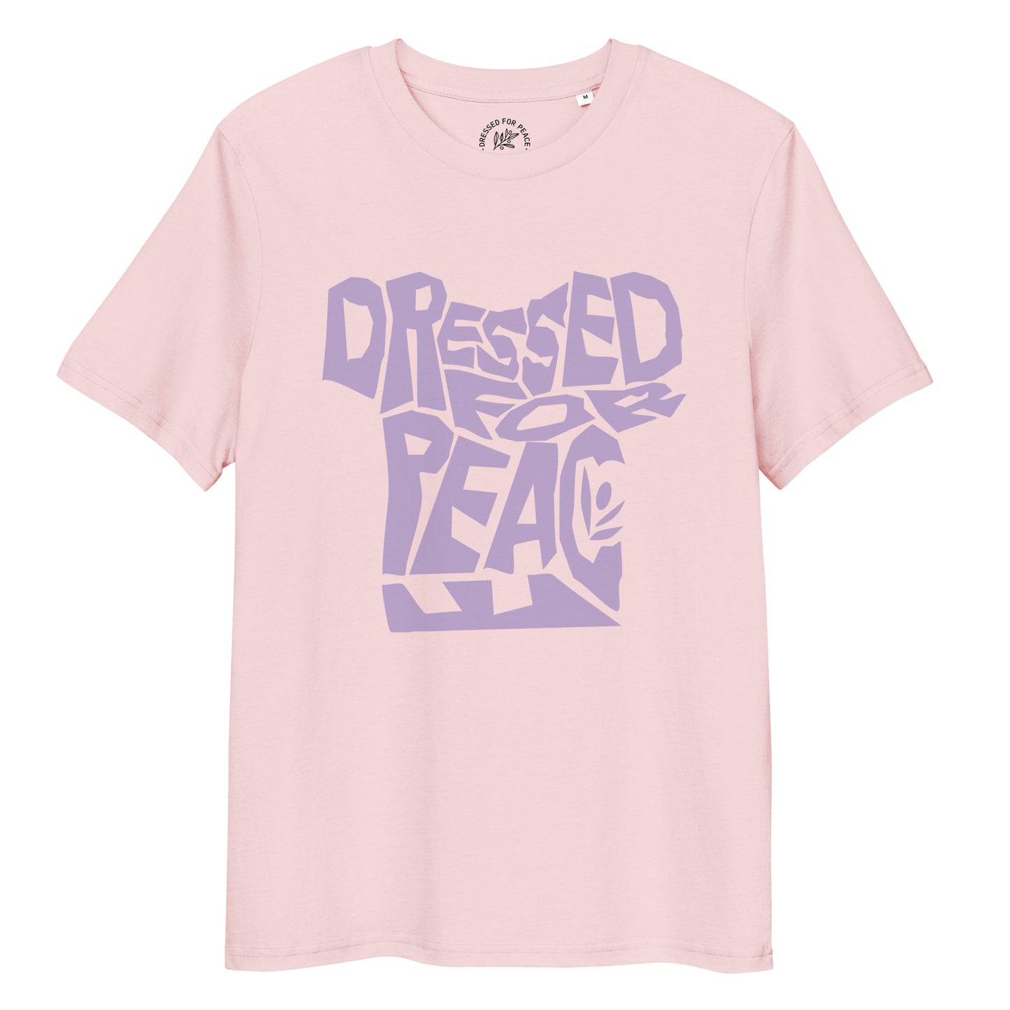 Pink t-shirt with purple text 'Dressed for Peace' on a white background