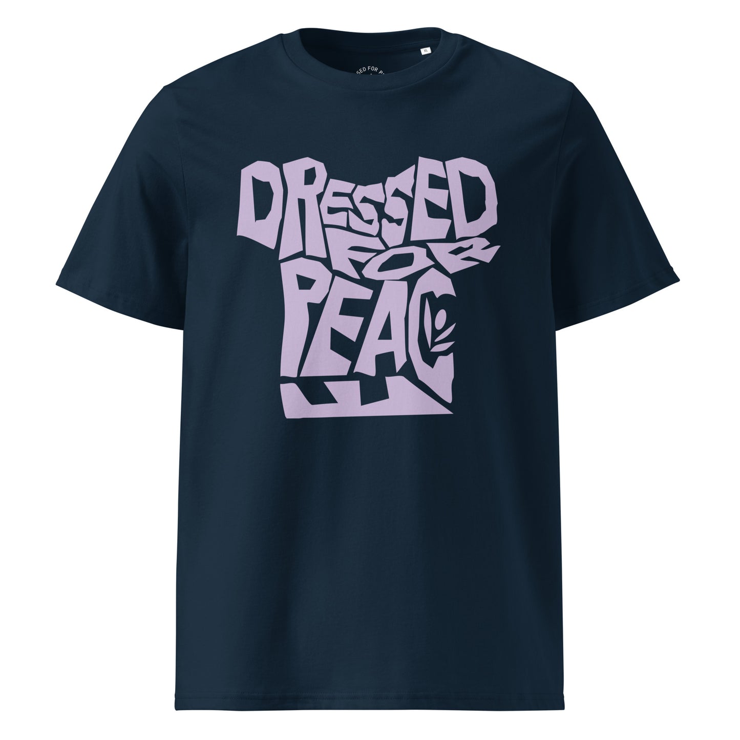 Navy blue t-shirt with 'Dressed for Peace' text in light purple on a white background