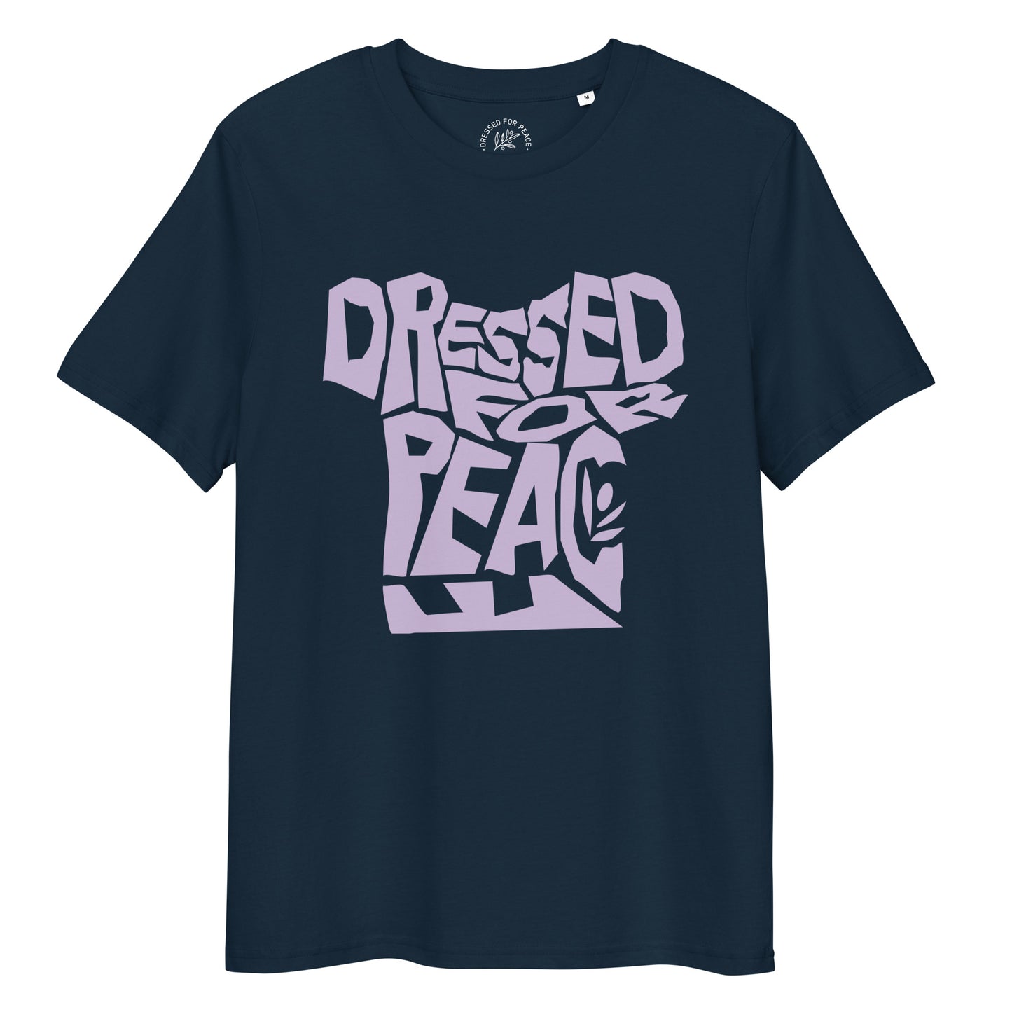 Navy blue t-shirt with 'Dressed for Peace' text in light purple on a white background