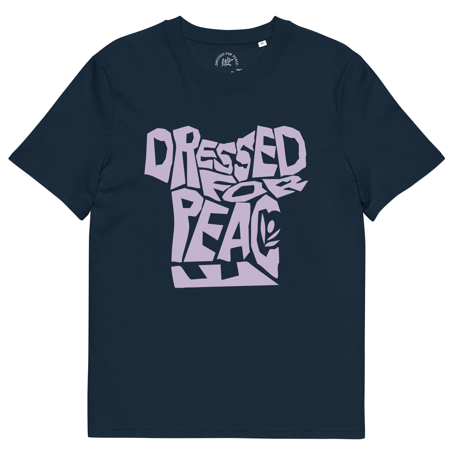 Navy blue t-shirt with 'Dressed for Peace' text in light purple on a white background