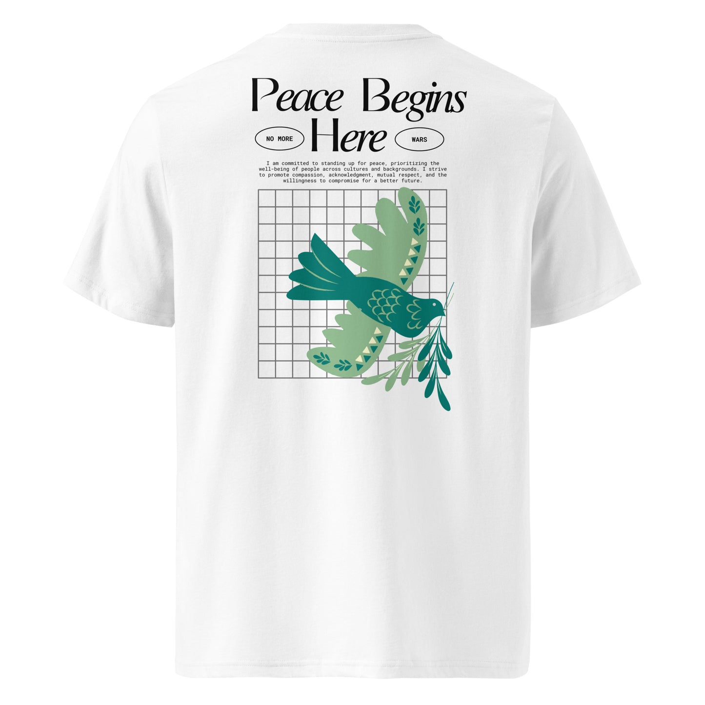 White t-shirt with green bird design and 'Peace Begins Here' text on a white background