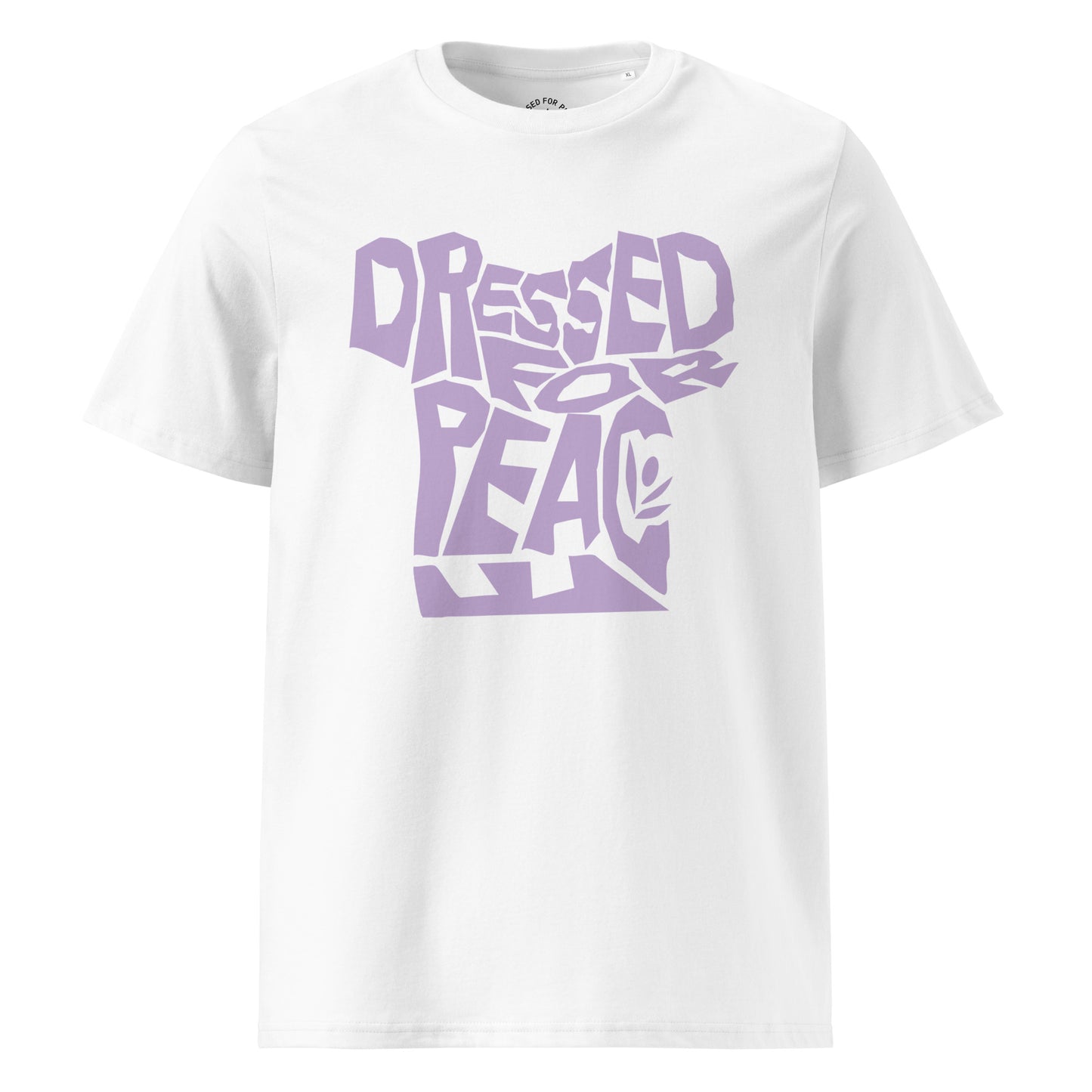 White t-shirt with purple graphic text on a white background