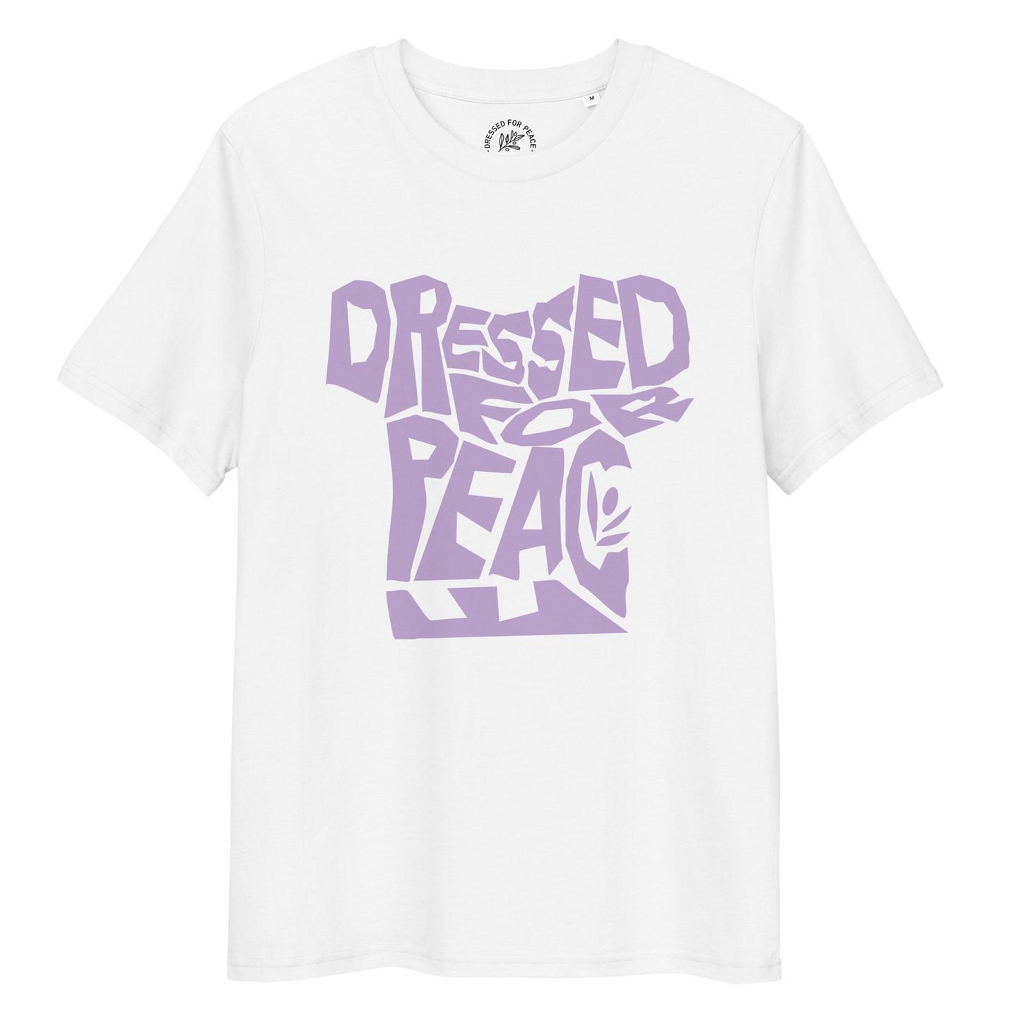 White t-shirt with purple text 'Dressed for Peace' on a white background