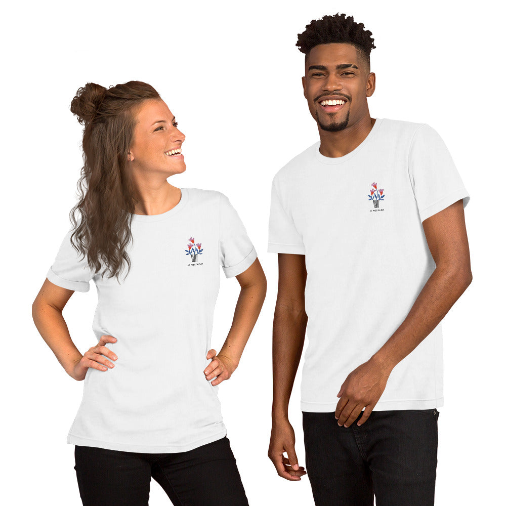Two people wearing white t-shirts with a logo on a white background