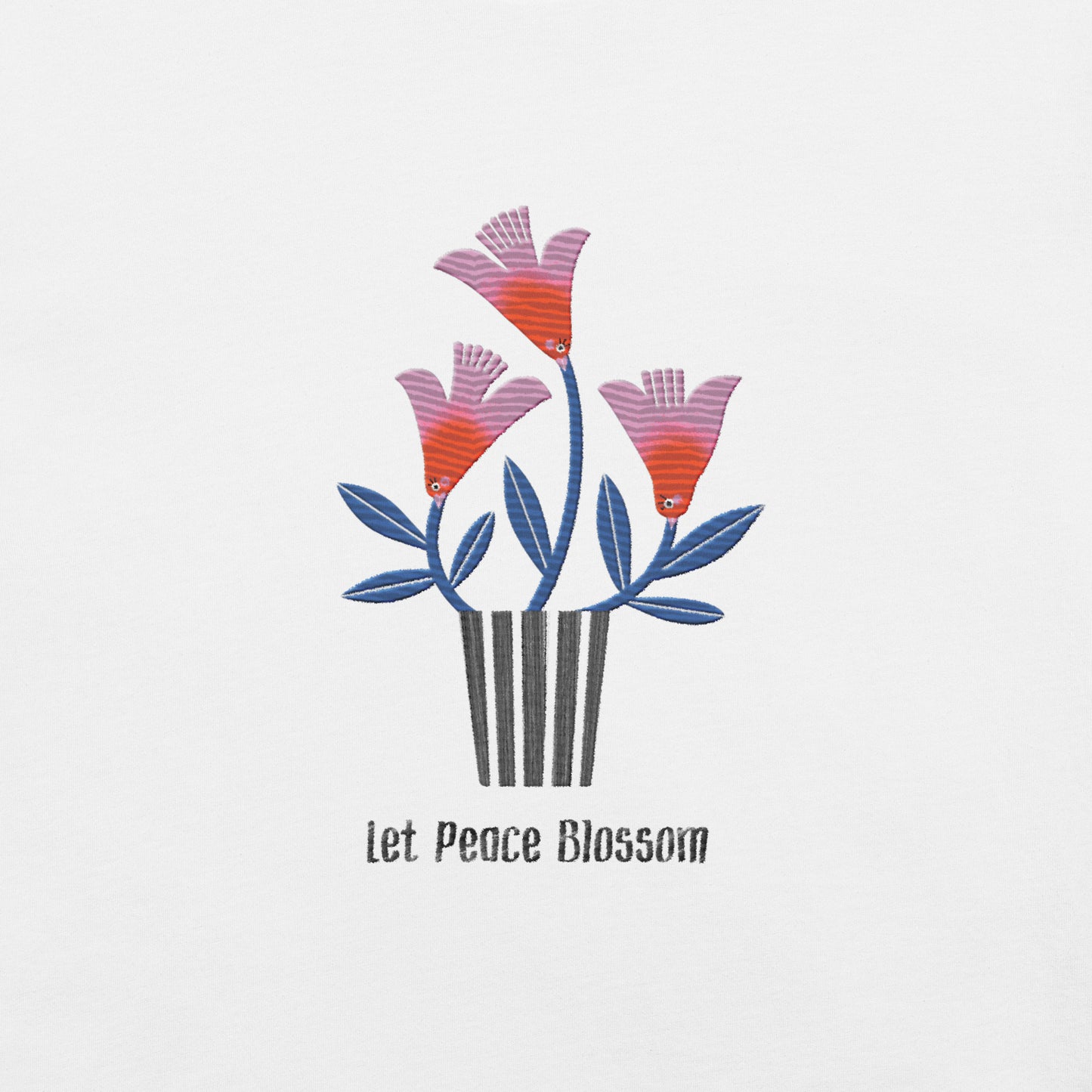 Floral design with 'Let Peace Blossom' text on a light gray background, as embroidery
