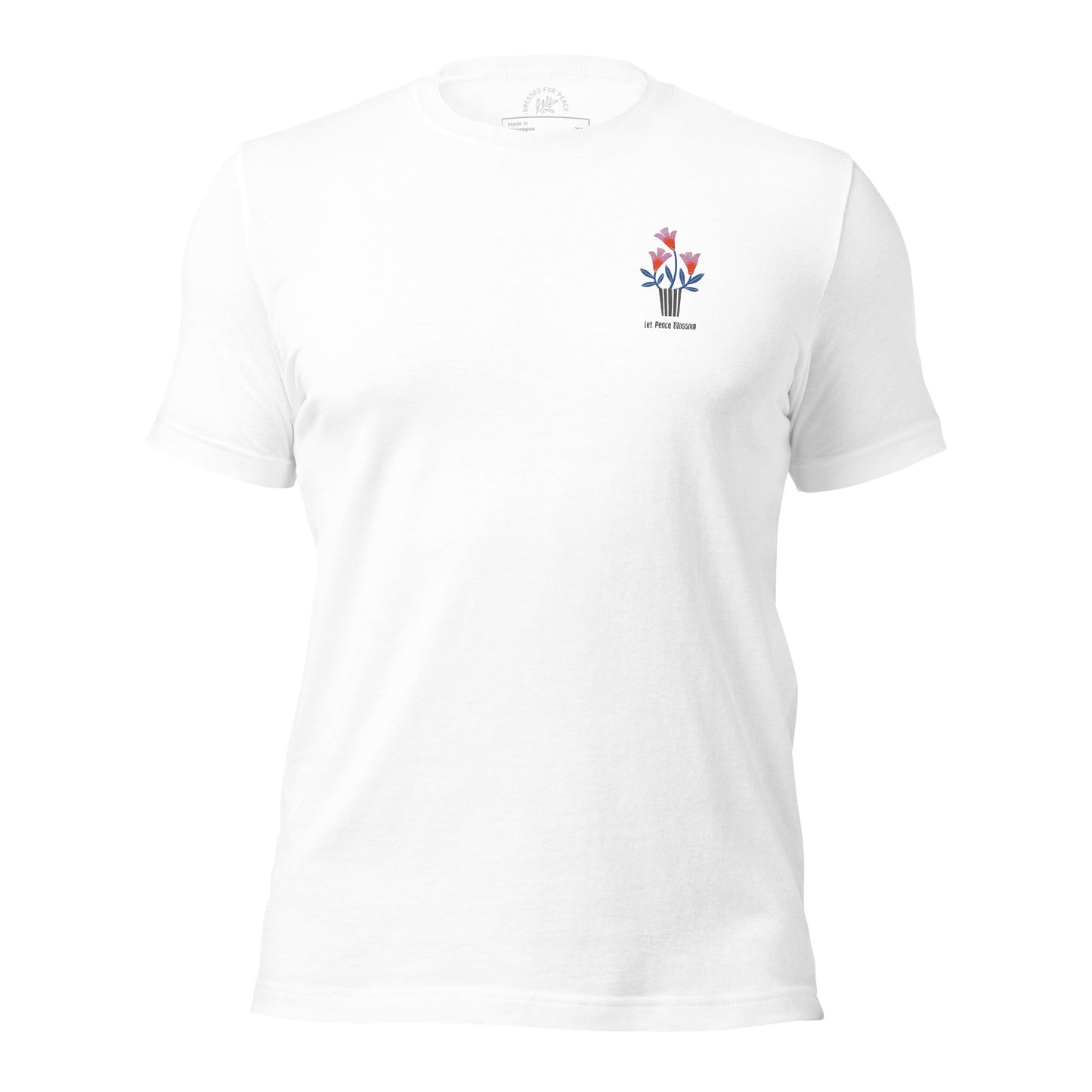 White t-shirt with a small logo on the chest against a white background
