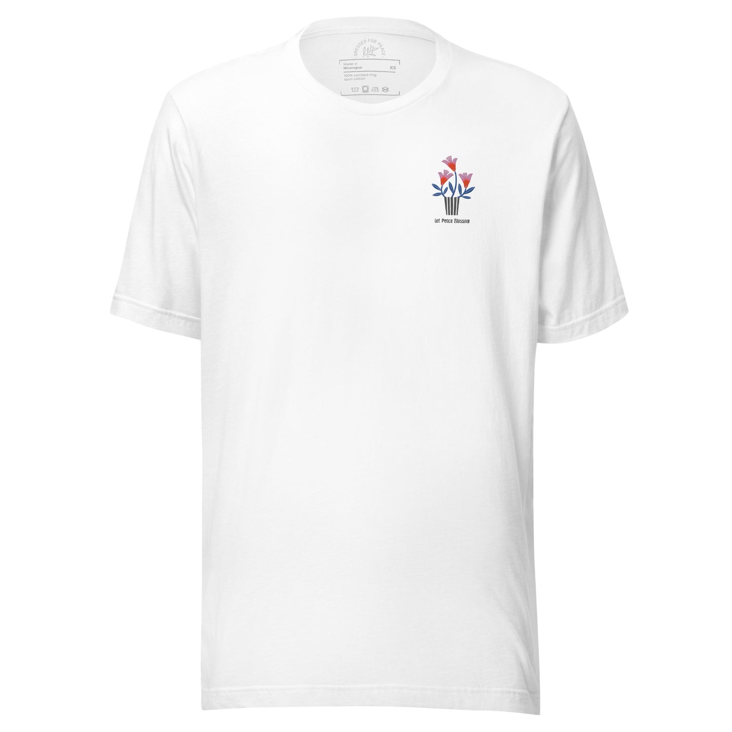 White t-shirt with a small floral design on a white background