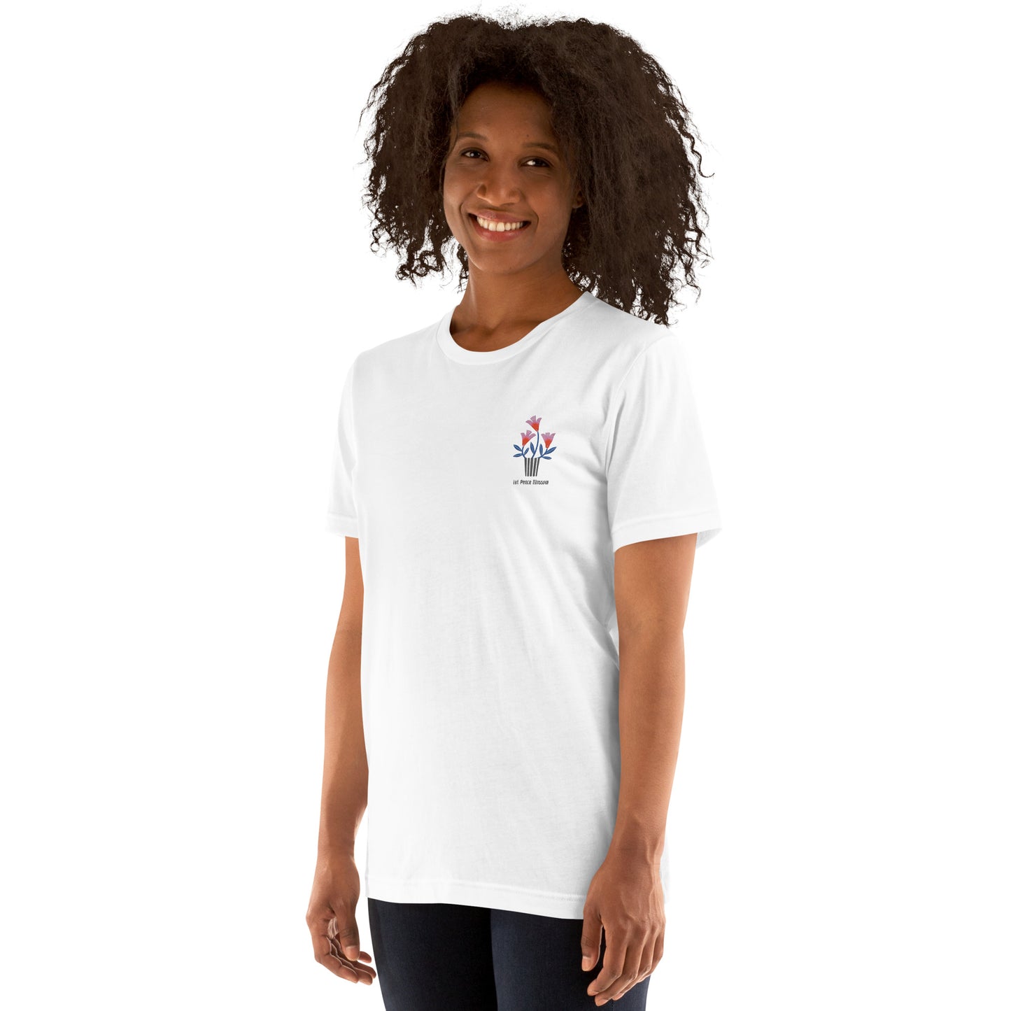 Woman wearing a white t-shirt with a logo on a white background