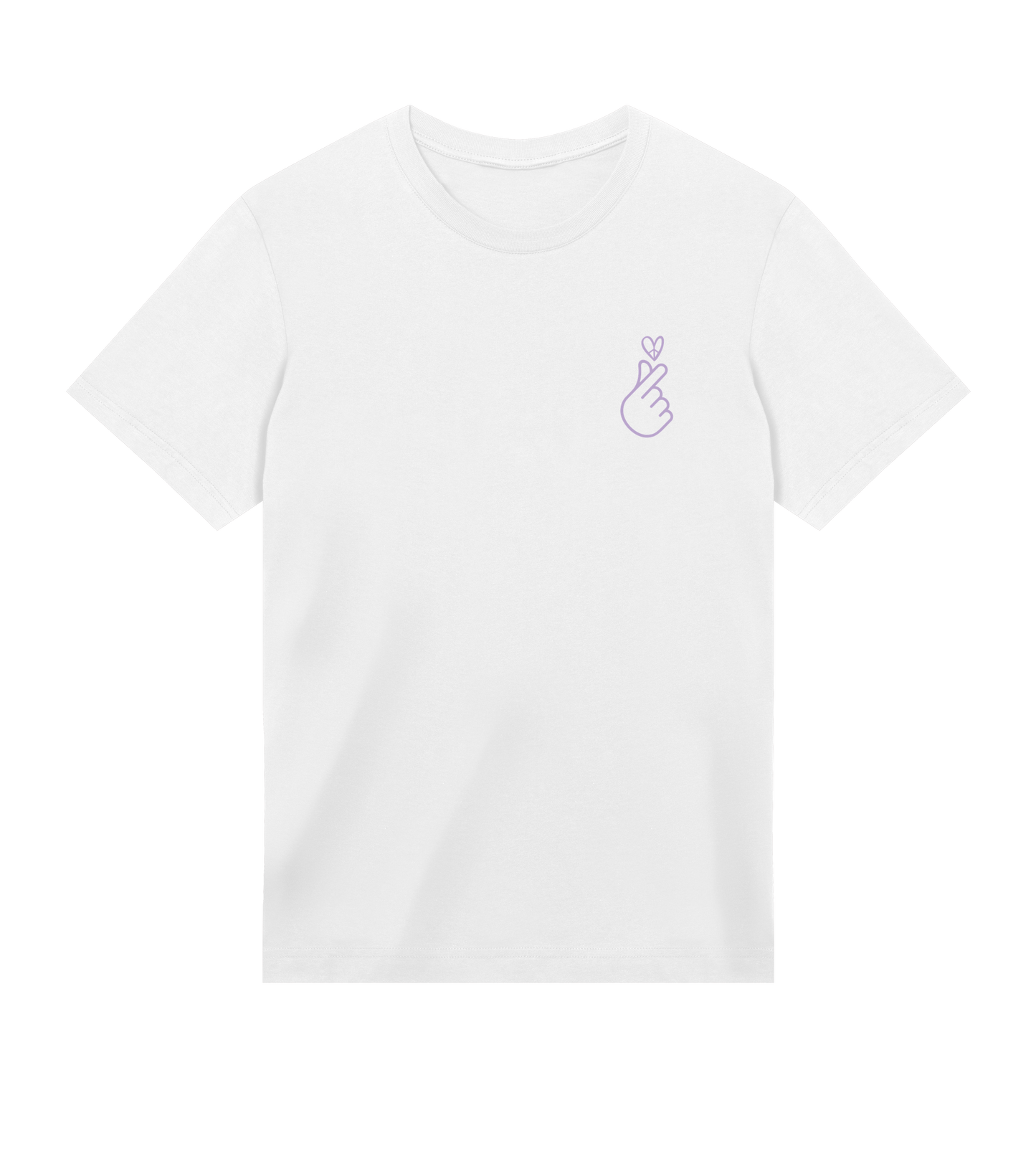 white t-shirt with a small lila finger heart graphic on a white background