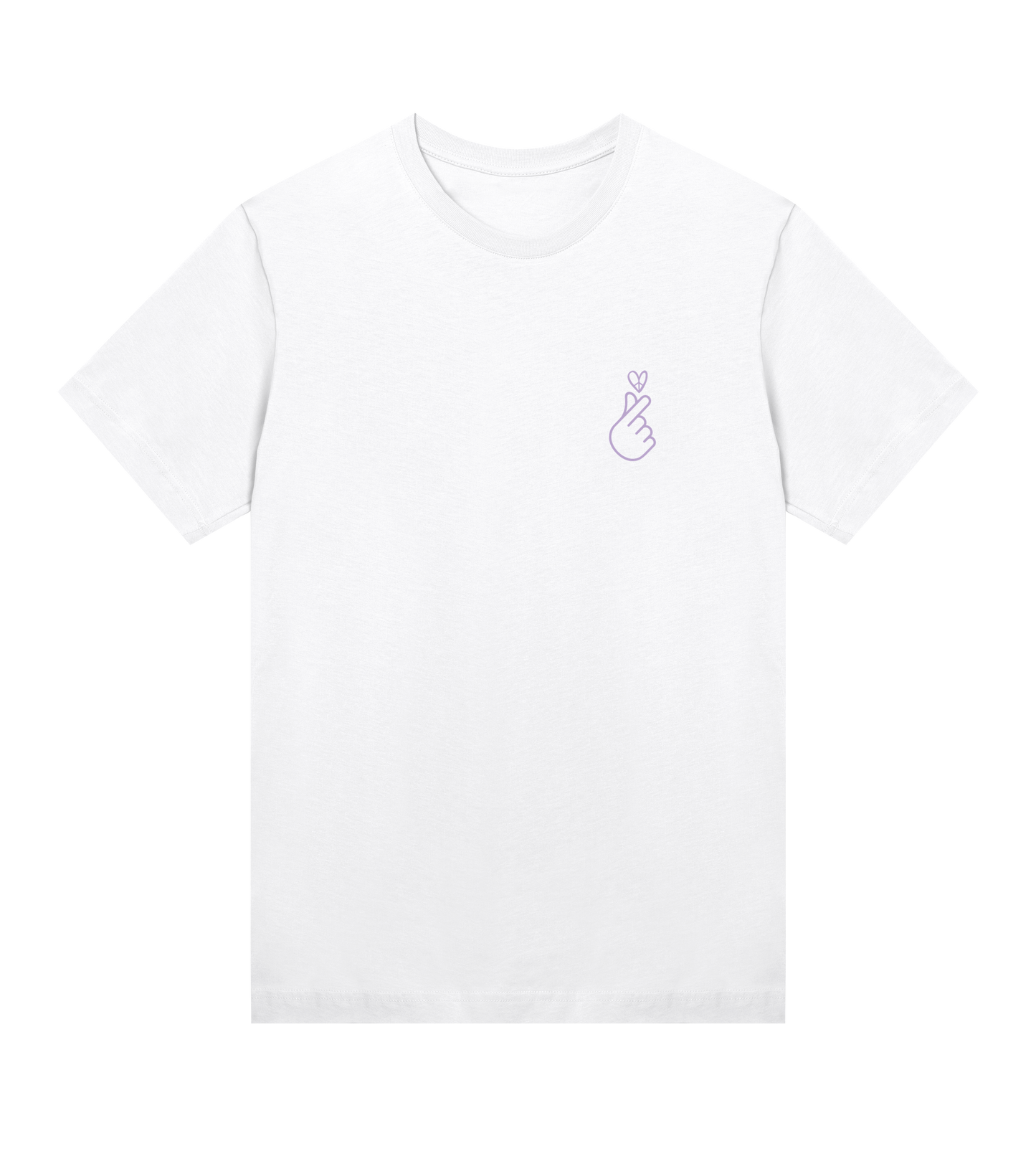 White t-shirt with a small logo on a white background