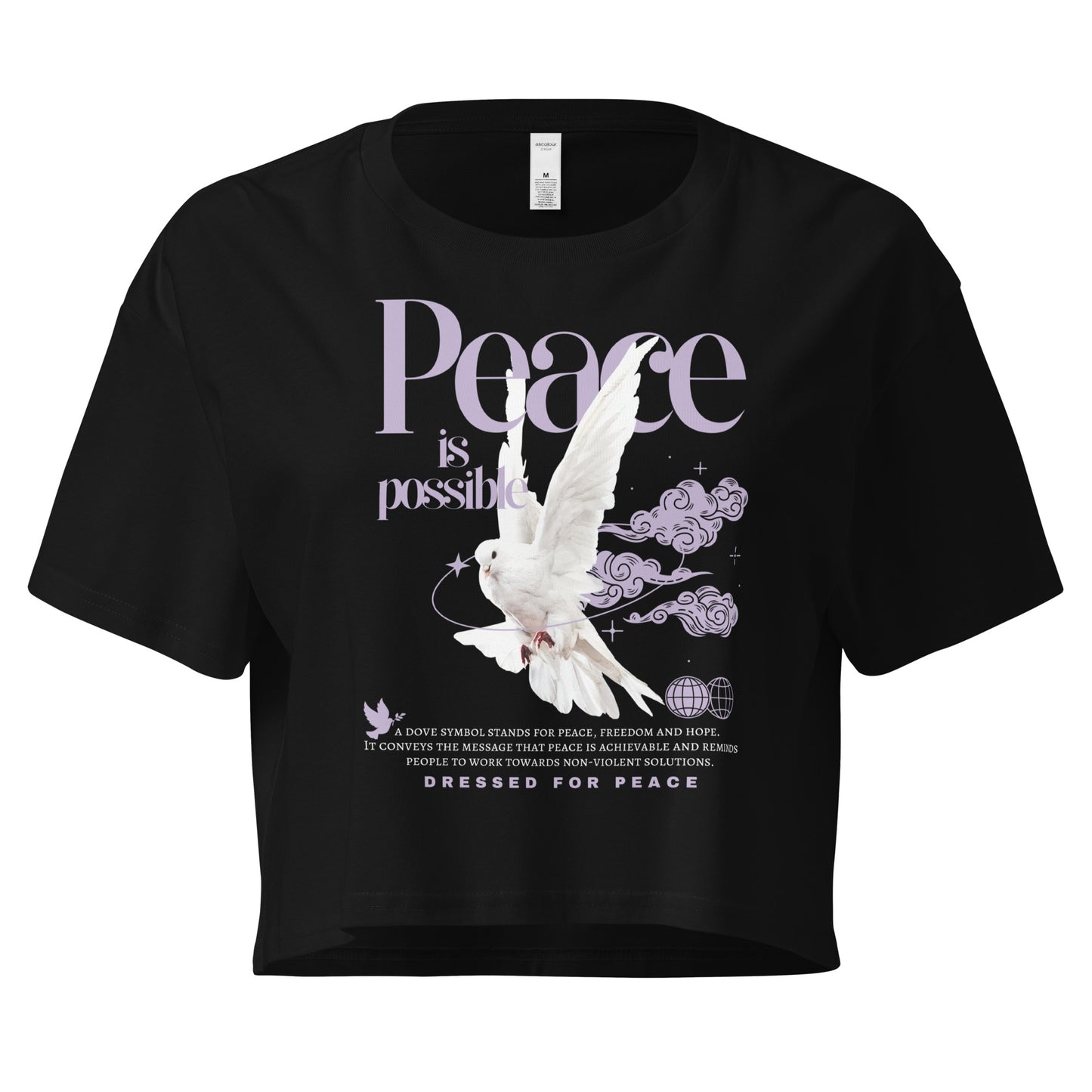 Black t-shirt with a white dove and 'Peace is possible' text on a white background