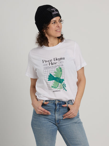 Unisex white organic cotton t-shirt with Green Dove front print