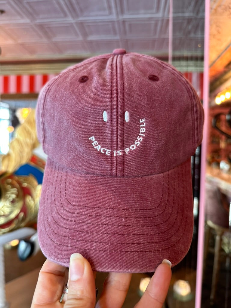 Peace is Possible smiling embroidered Cap -  Vintage Red