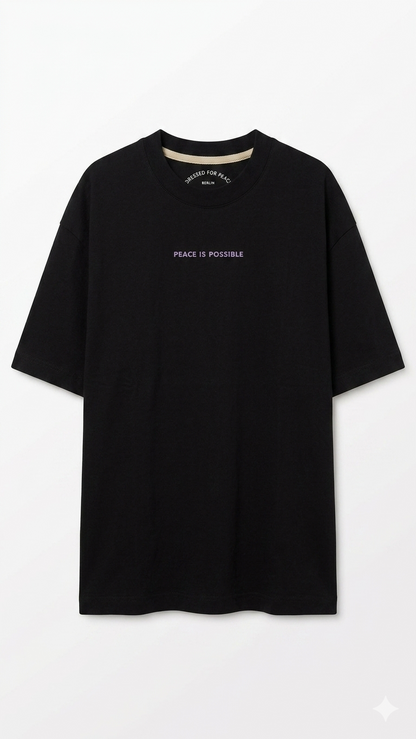Organic cotton white unisex t-shirt with purple/ lila embroidery: peace is possible