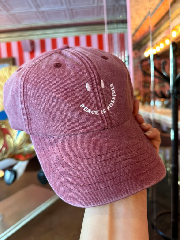 Peace is Possible smiling embroidered Cap -  Vintage Red