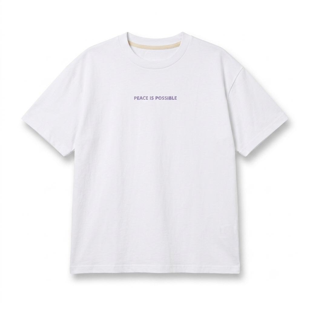 Organic cotton white unisex t-shirt with purple/ lila embroidery: peace is possible