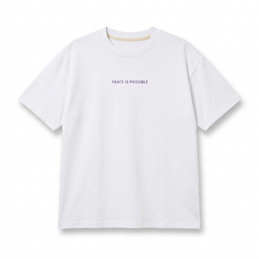 Organic cotton white unisex t-shirt with purple/ lila embroidery: peace is possible