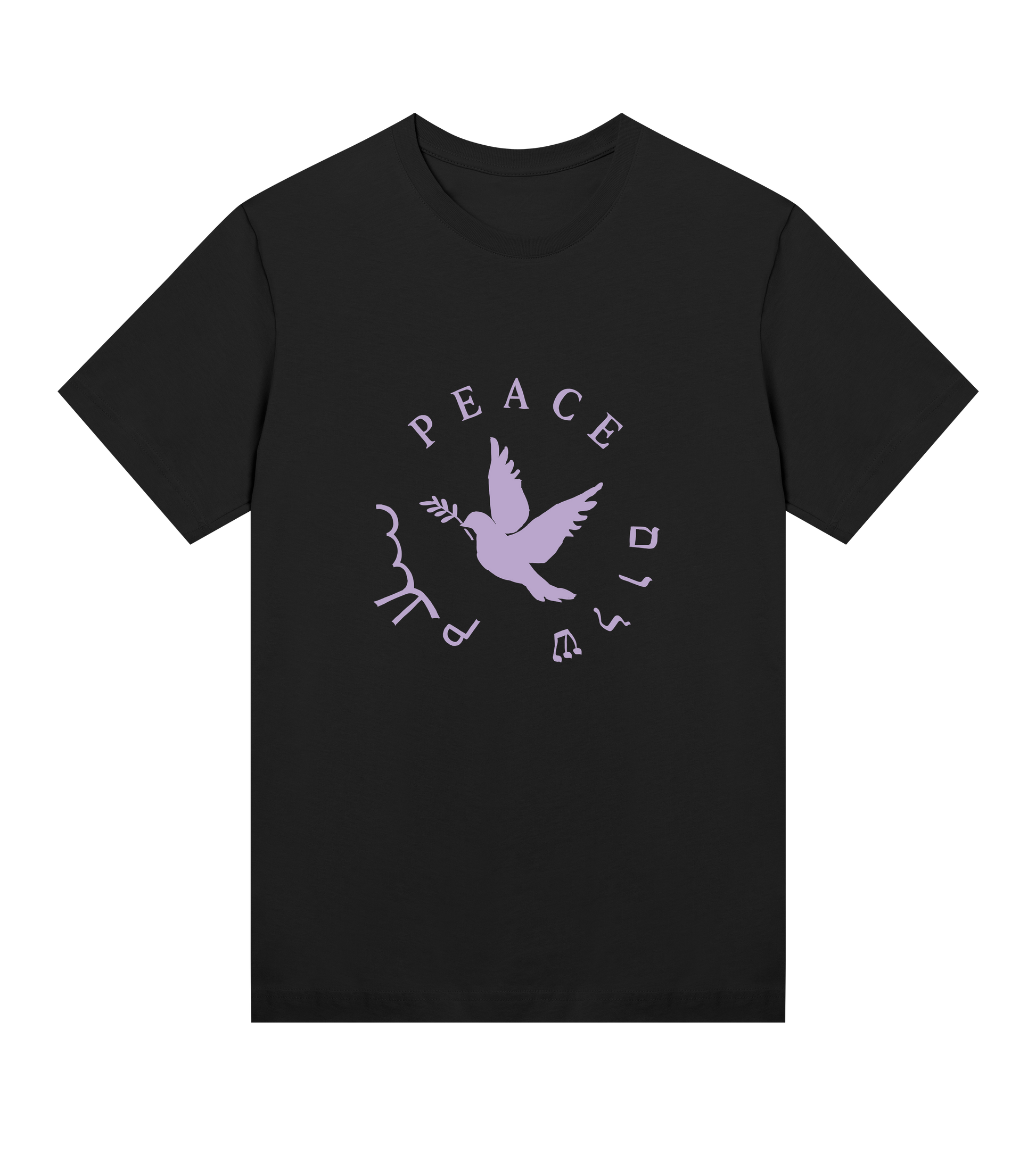 Black t-shirt with a purple dove and 'PEACE' text on a white background