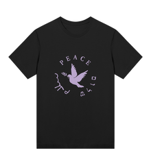 Black t-shirt with a purple dove and 'PEACE' text on a white background