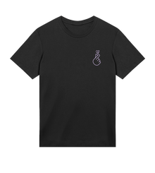 Black t-shirt with a small lila finger heart graphic on a white background